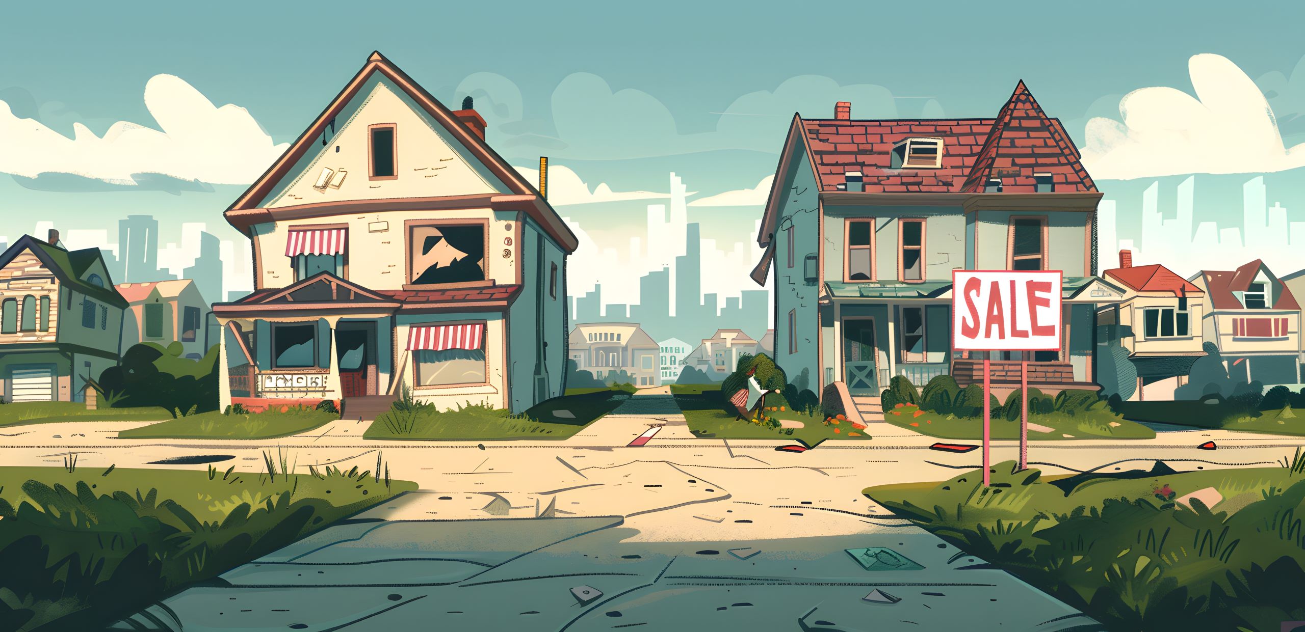 Abandoned house sale. Quaint suburban homes for sale with a touch of urban skyline. fixed-upper home