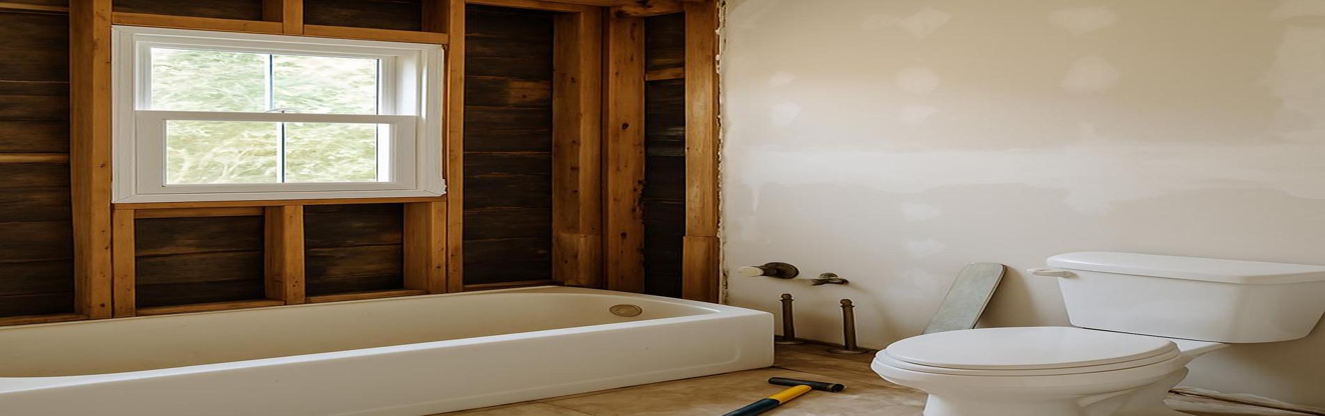 Partially renovated bathroom with exposed wall studs, a white bathtub, and toilet, showcasing the early stages of a home bathroom renovation project.