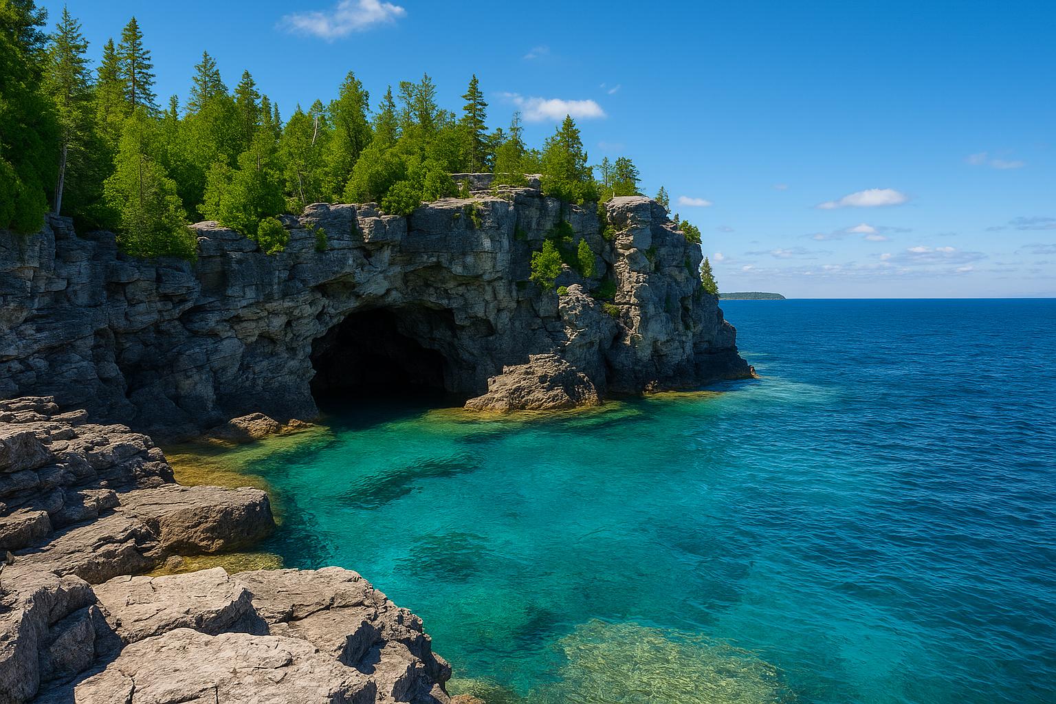 Cliffside view of Bruce Peninsula National Park with turquoise waters, rugged limestone rocks, and lush green trees under a clear blue sky.
