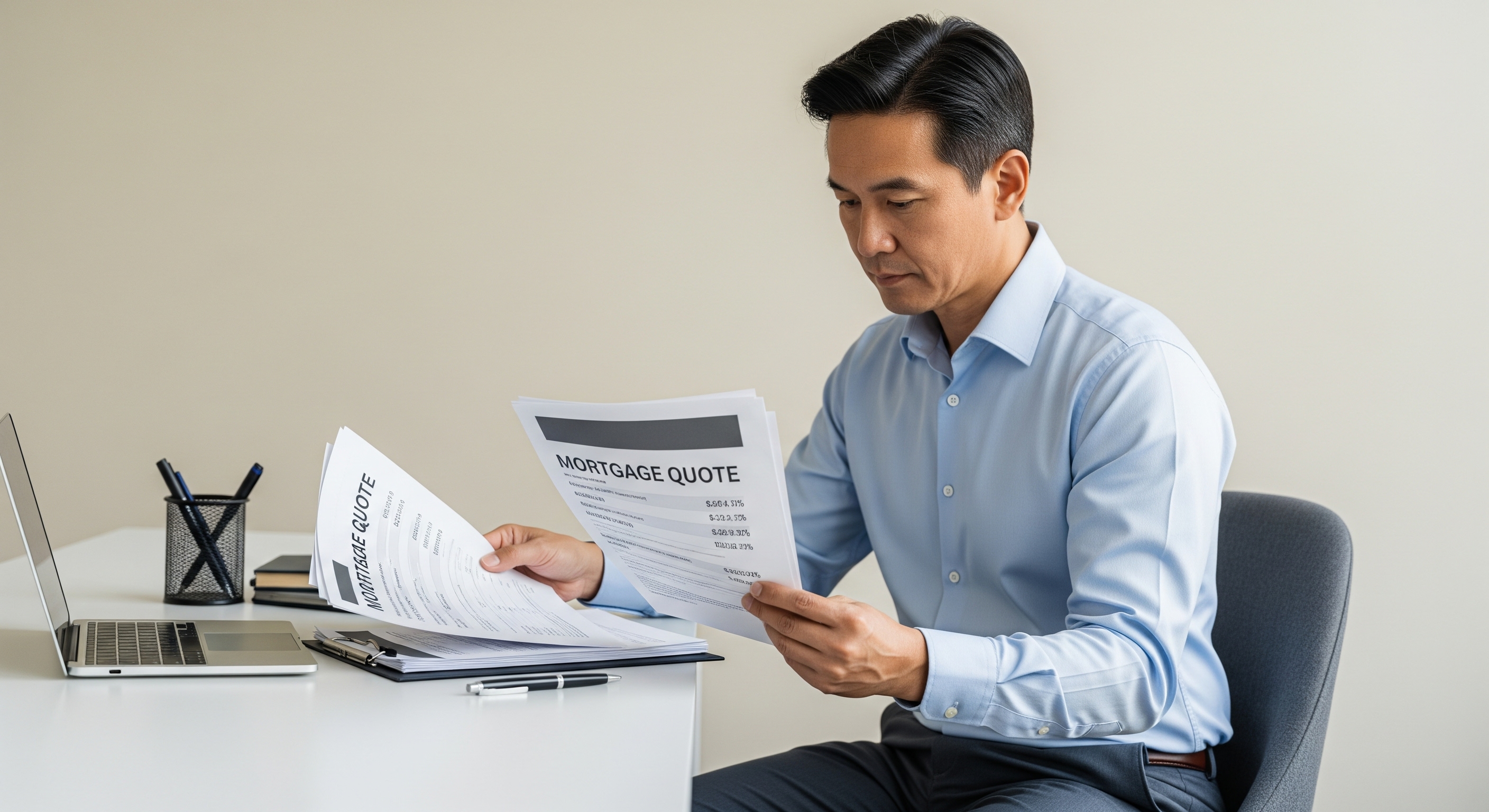 A savvy home buyer sits at a desk, carefully comparing several mortgage quote documents with different interest rates to find the best deal and save money on their home loan.