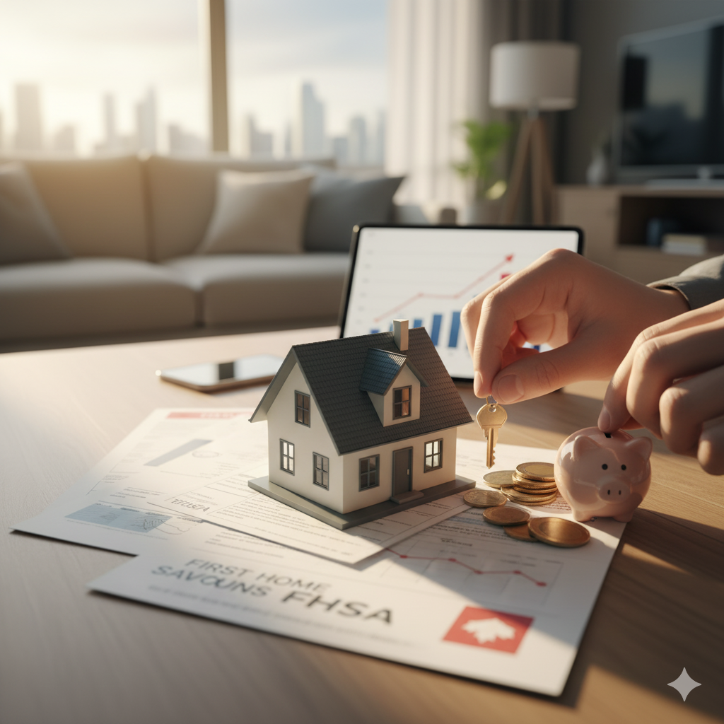 A person depositing a key and coins into a piggy bank next to a model house, symbolizing saving for a down payment with the First Home Savings Account (FHSA) for GTA homebuyers.