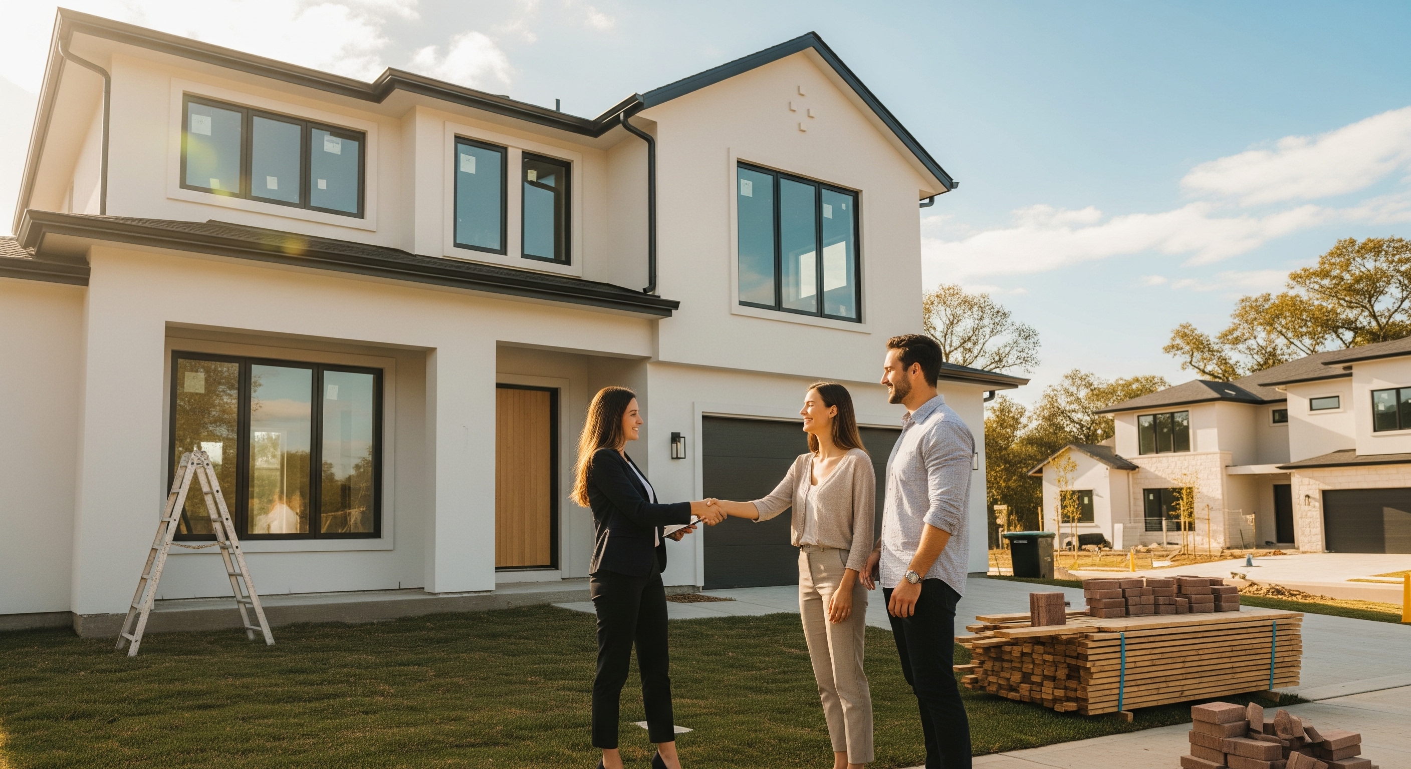 A real estate agent and a smiling couple shake hands in front of a modern, newly built house that is still under construction.