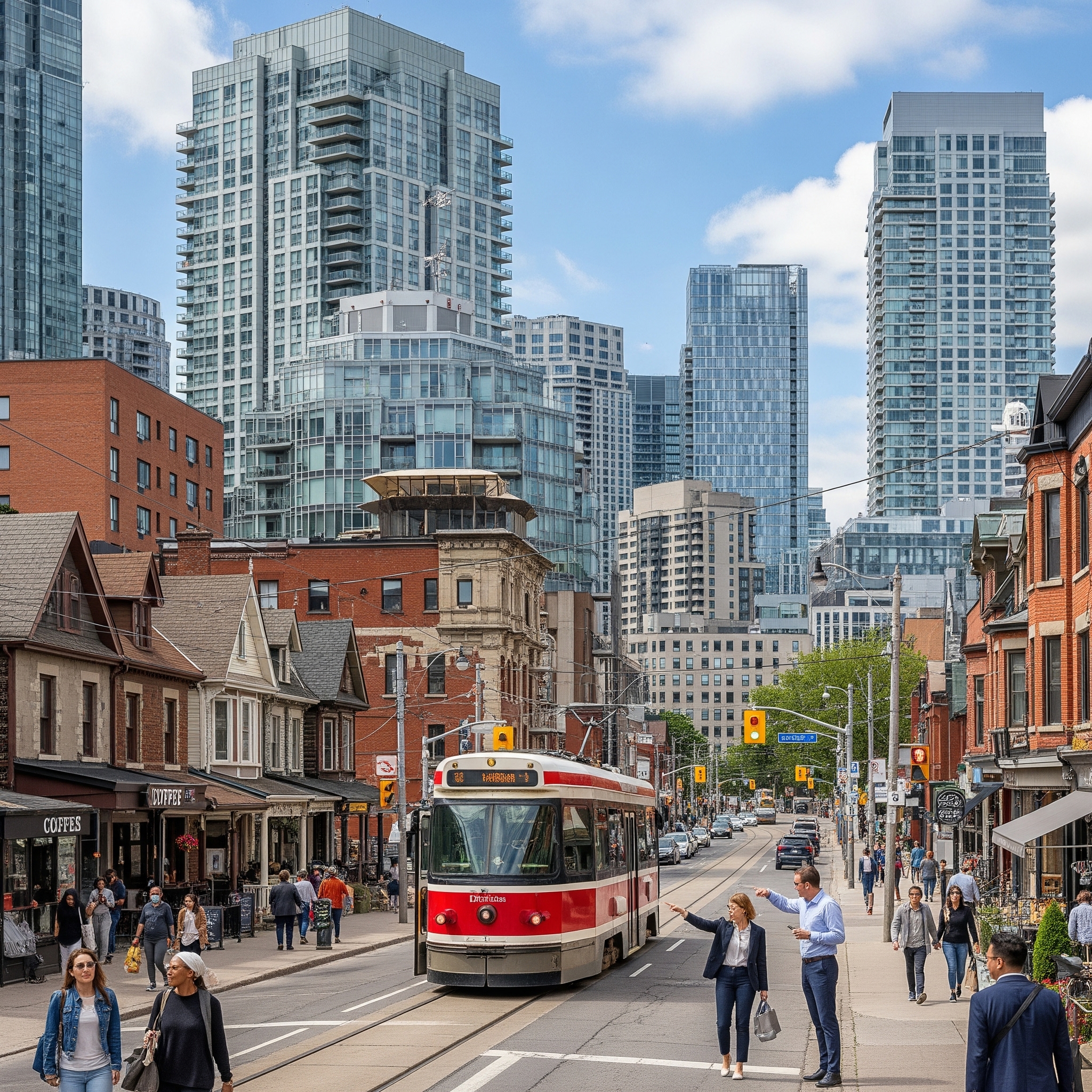 Panoramic view of a bustling Toronto street, showing the mix of homes and businesses in the GTA real estate market. A real estate agent points to a property with a potential buyer, highlighting the need for expert guidance.