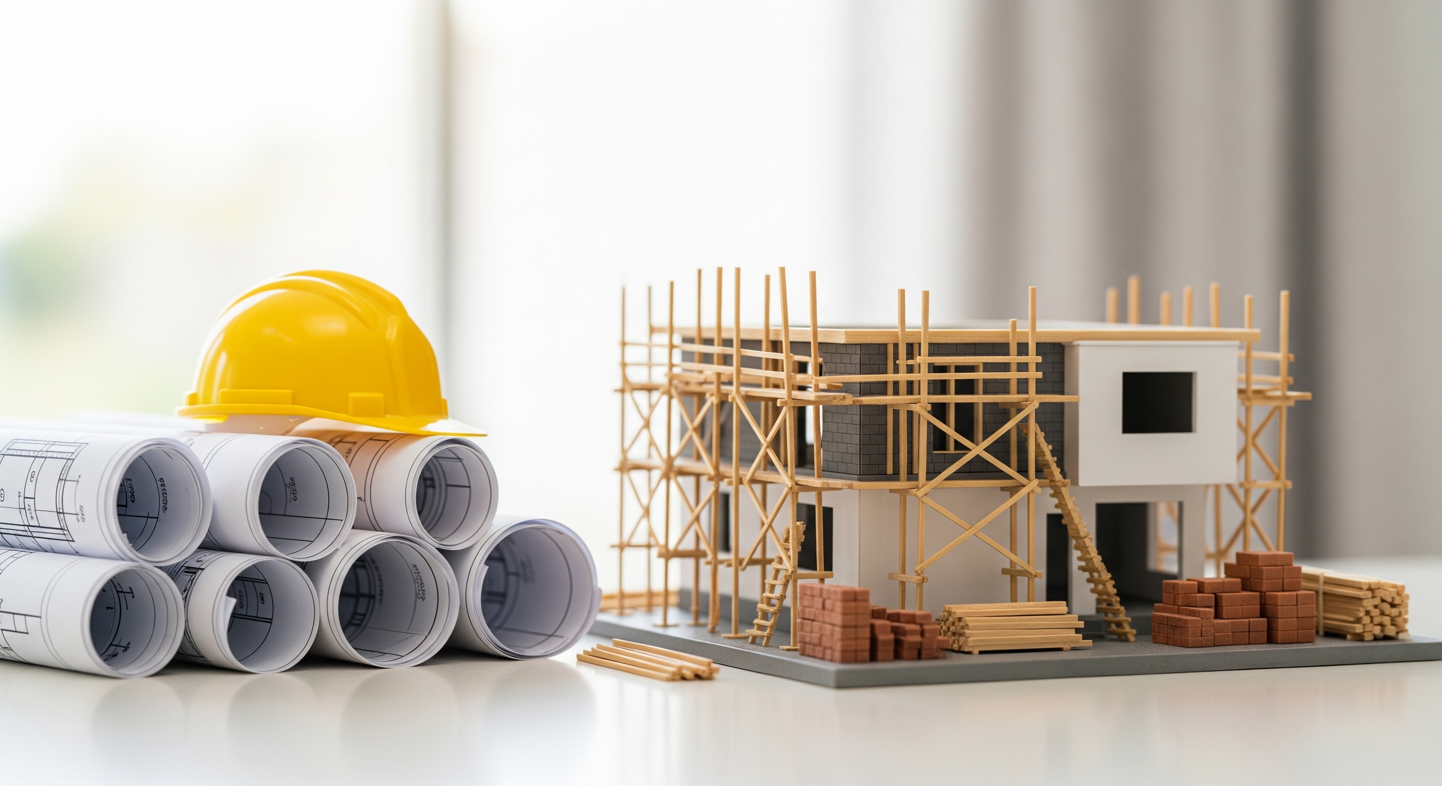 A model of a house under construction with blueprints and a hard hat, illustrating 2025 GTA housing changes, GST relief on new builds, 30 year insured mortgages, and expanding supply.