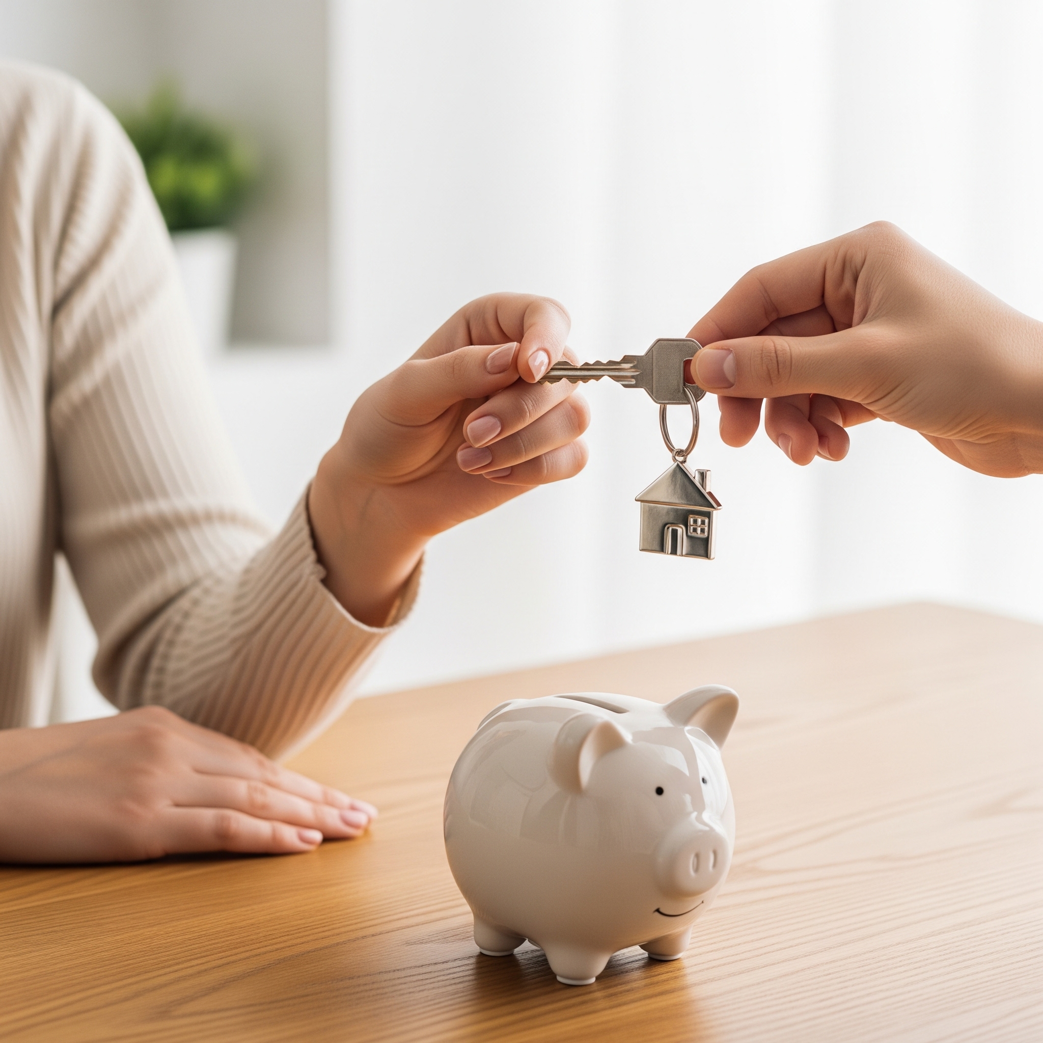Hands exchanging a house key over an empty piggy bank, representing the possibility of buying a home with no down payment.
