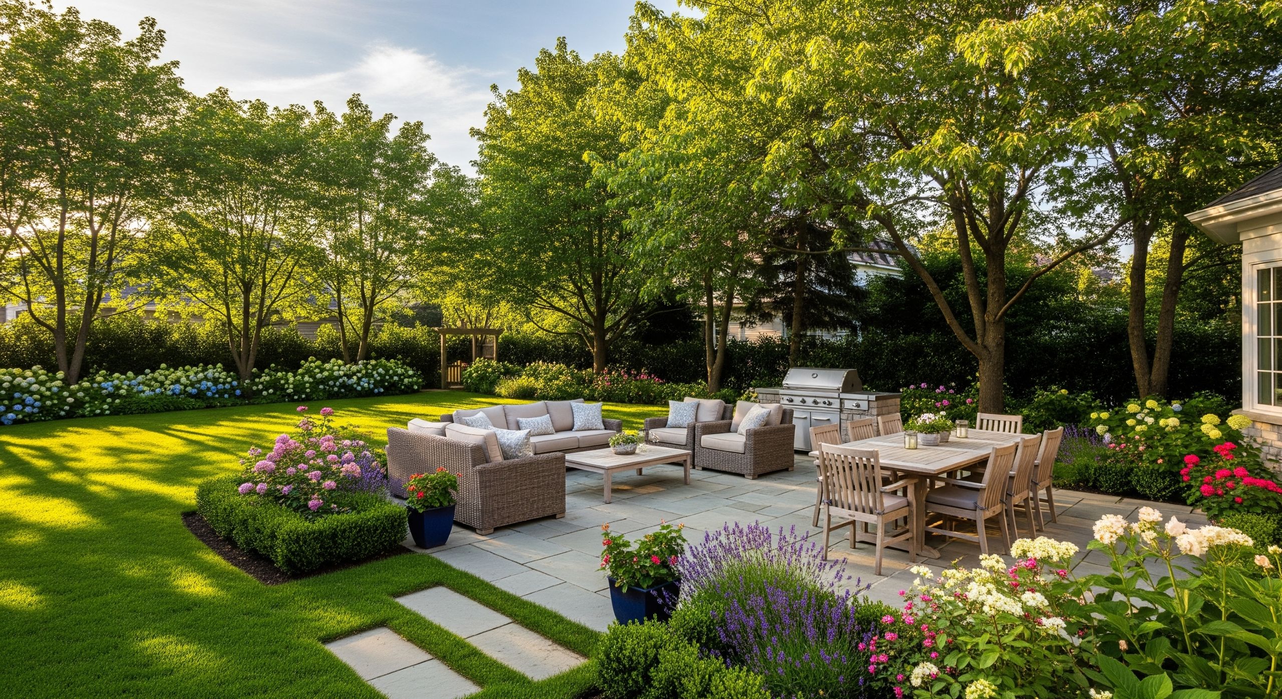 A well-designed backyard with a patio, comfortable furniture, and lush gardens, highlighting how valuable outdoor spaces are for homebuyers seeking lifestyle and resale appeal.