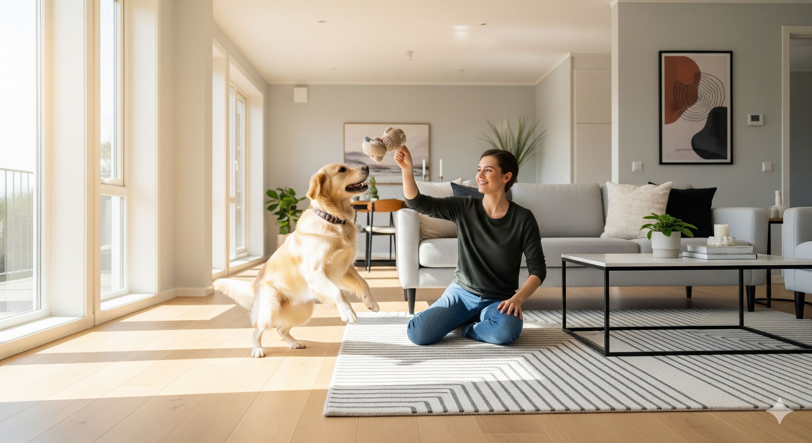 A happy renter playing with her dog in a modern apartment, illustrating the positive side of Ontario's pet-friendly tenancy rules.