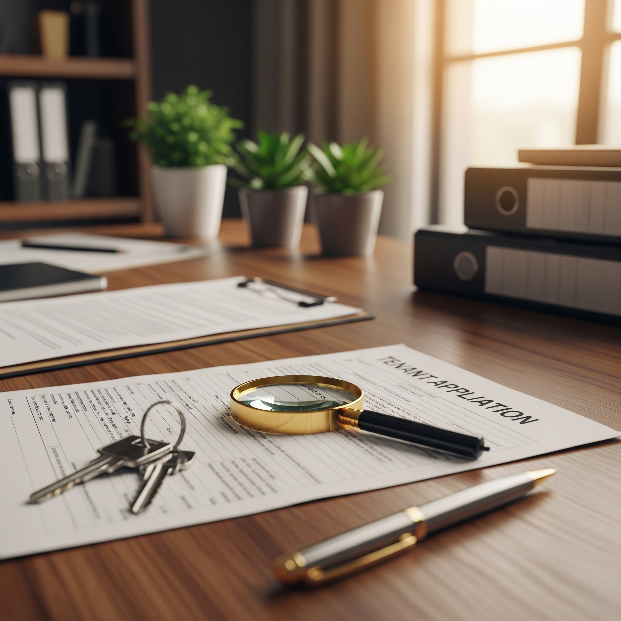 A landlord's desk showing a tenant application form under a magnifying glass, alongside a pen and house keys. The image represents a thorough and diligent tenant screening process.