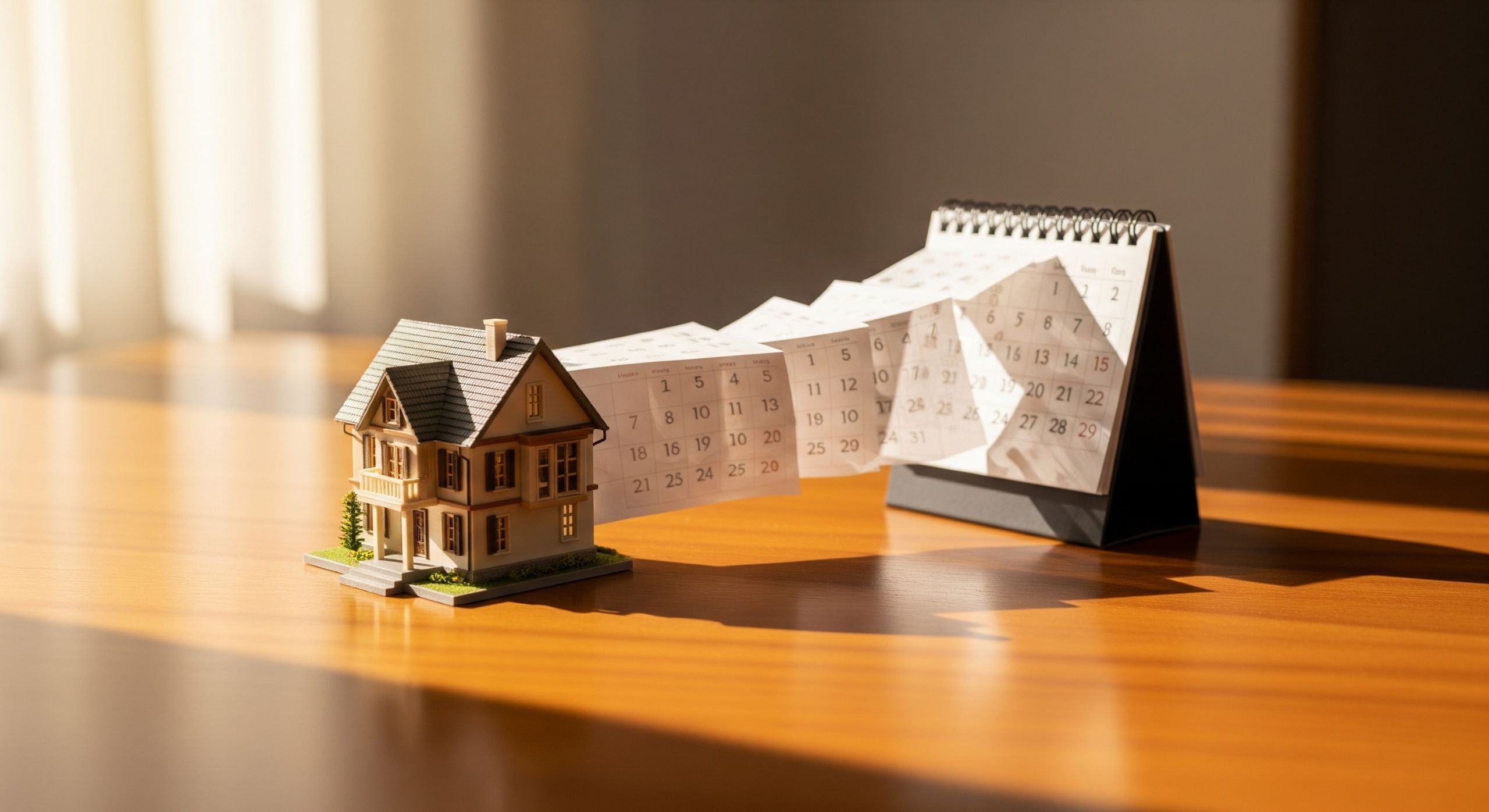 A model house next to a calendar with its pages flipping, symbolizing the passage of time and the decision of how long to live in a home before selling.