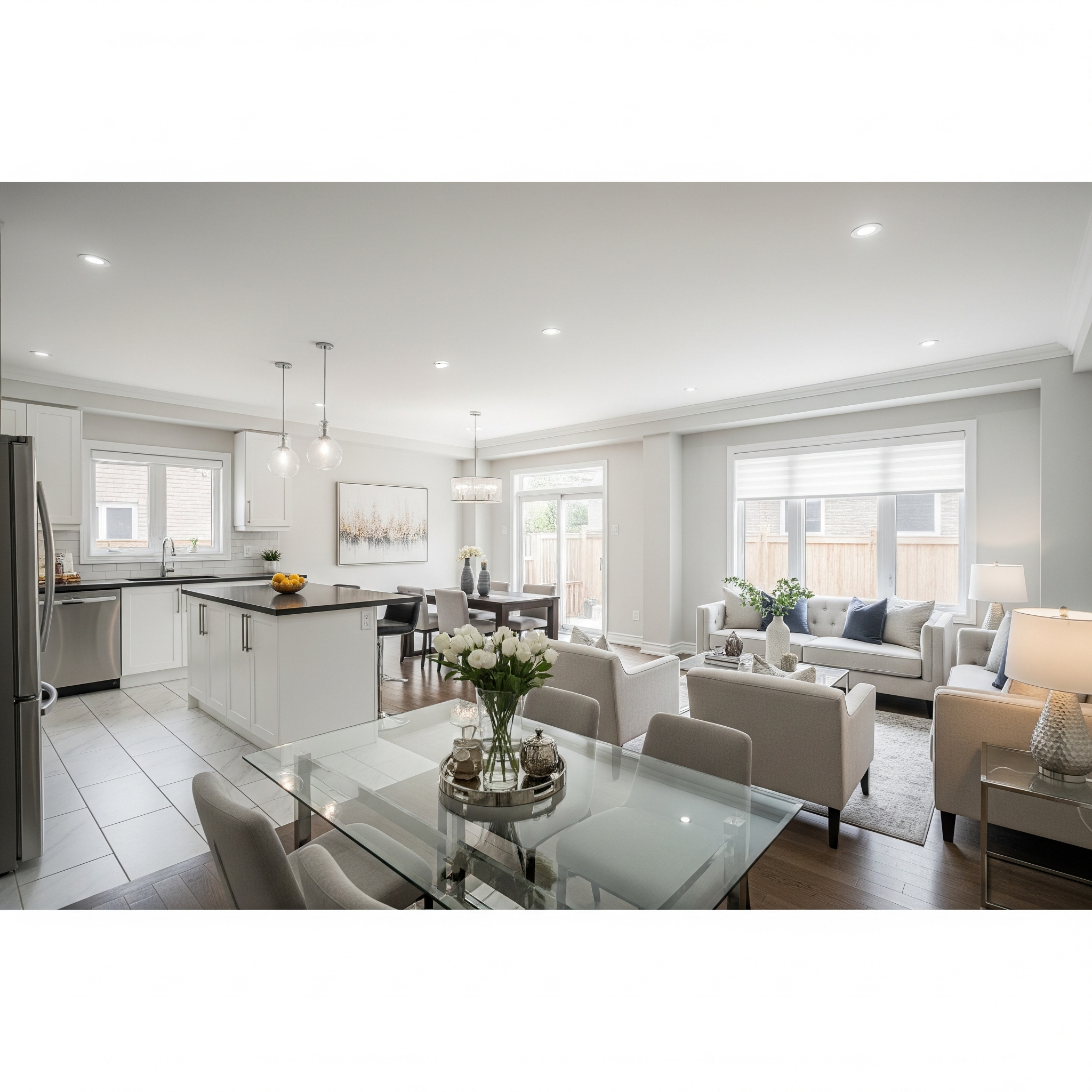 A bright and spacious Toronto home, staged for sale with a minimalist aesthetic, showcasing a decluttered interior with clean lines and open spaces.