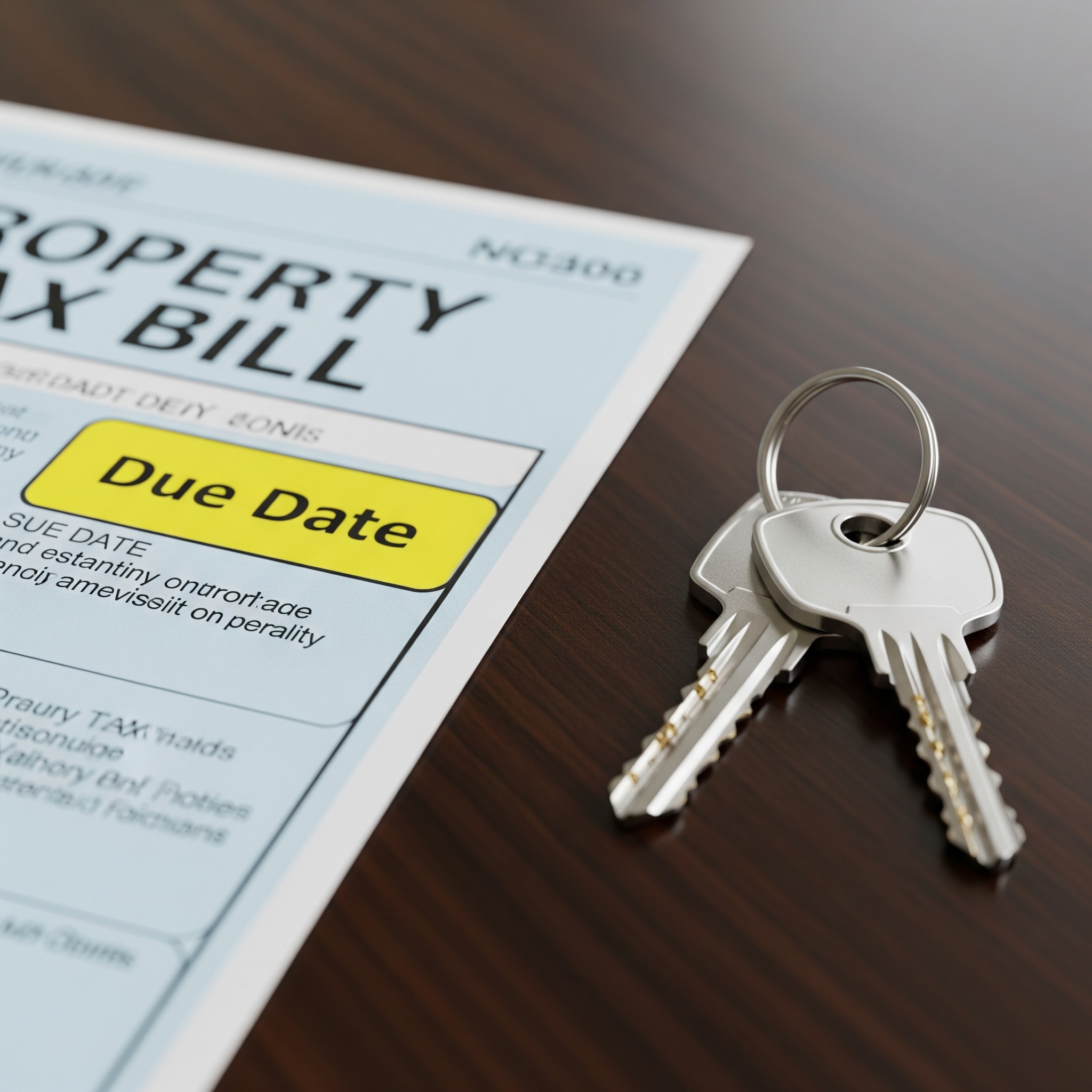 A property tax bill next to house keys, symbolizing the due date for new homeowners.