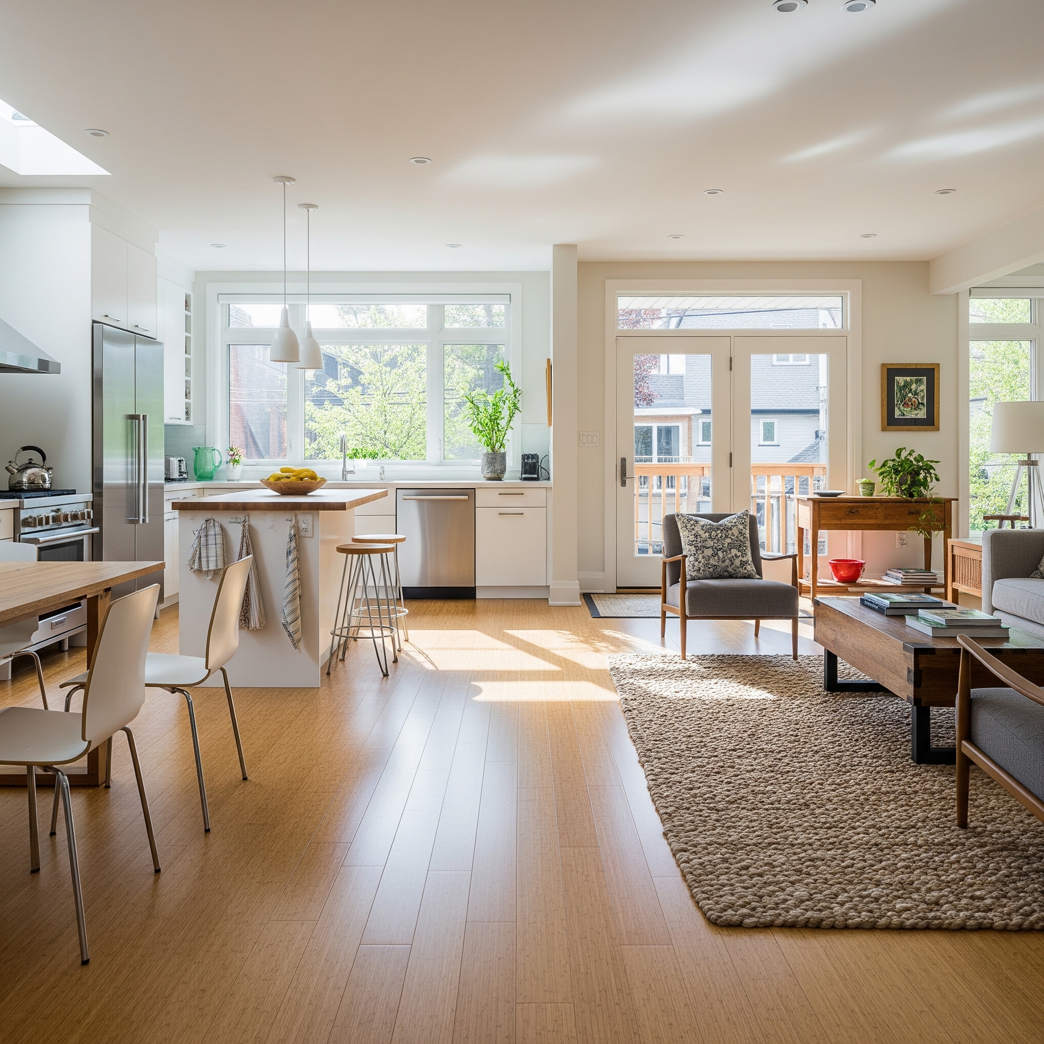 A bright, modern Toronto home interior featuring sustainable design elements: bamboo floors, energy-efficient windows, and a sleek kitchen with eco-friendly appliances.
