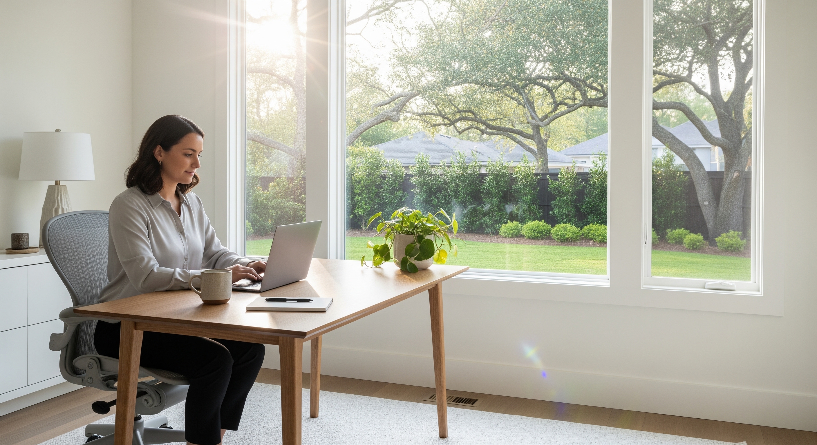 Woman working remotely from a bright home office with a garden view, representing work-from-home lifestyle trends in GTA real estate.
