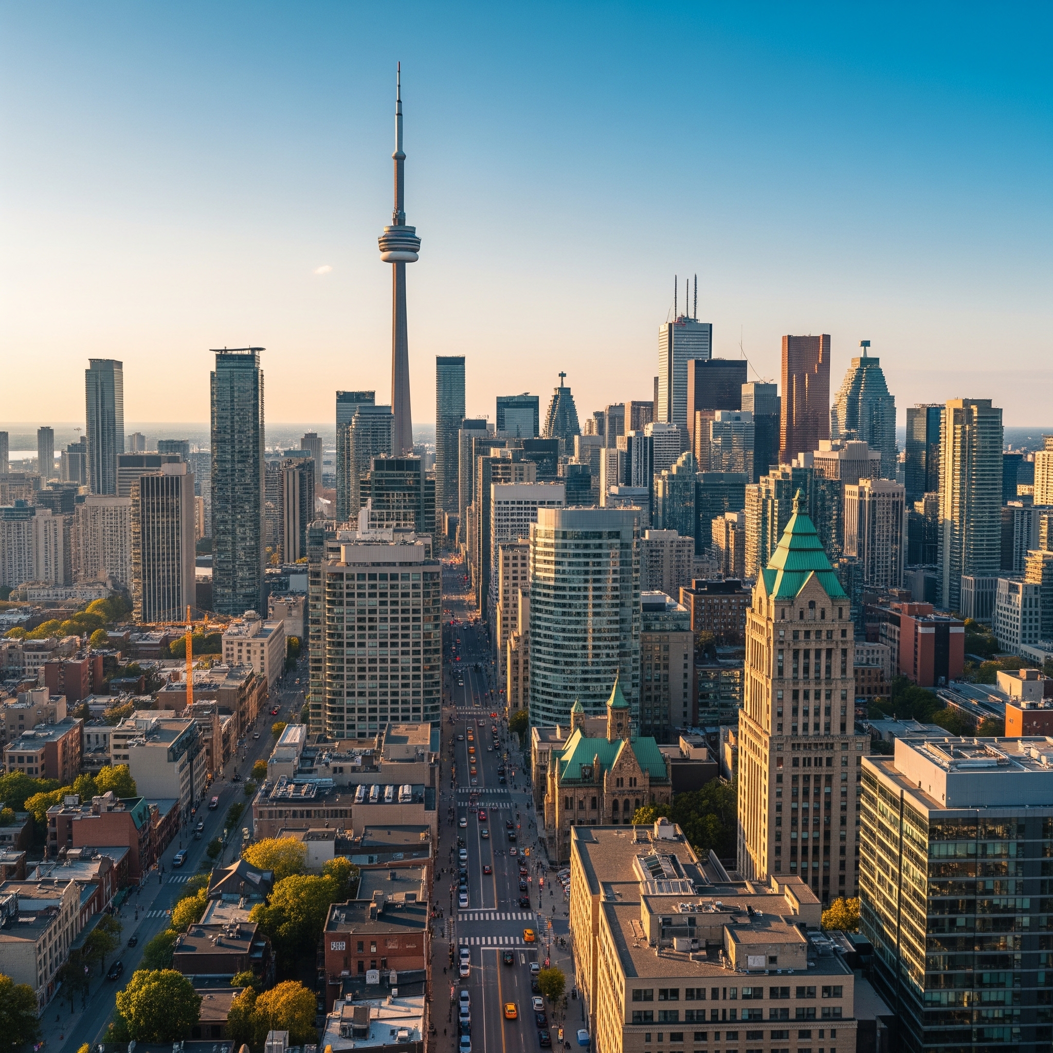 A vibrant and diverse Toronto cityscape captured in a high-quality photograph showcasing the iconic CN Tower amidst a tapestry of skyscrapers.