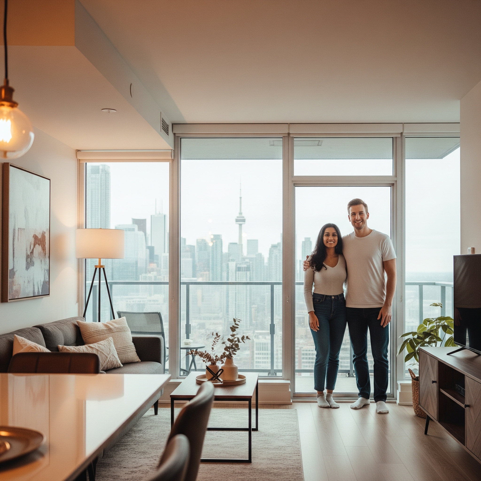A happy couple on the balcony of their new Toronto condo, representing the successful outcome of overcoming first-time home buyer anxiety with the right guidance.