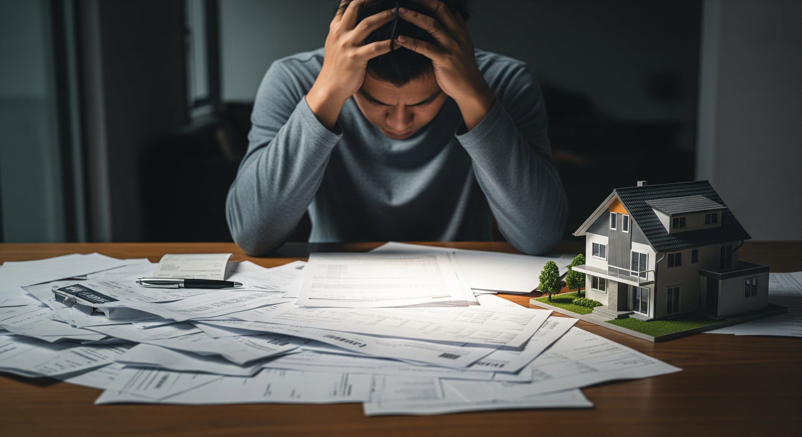 A person feeling the financial stress of being house poor, sitting with their head in their hands over a pile of bills next to a model of their home.