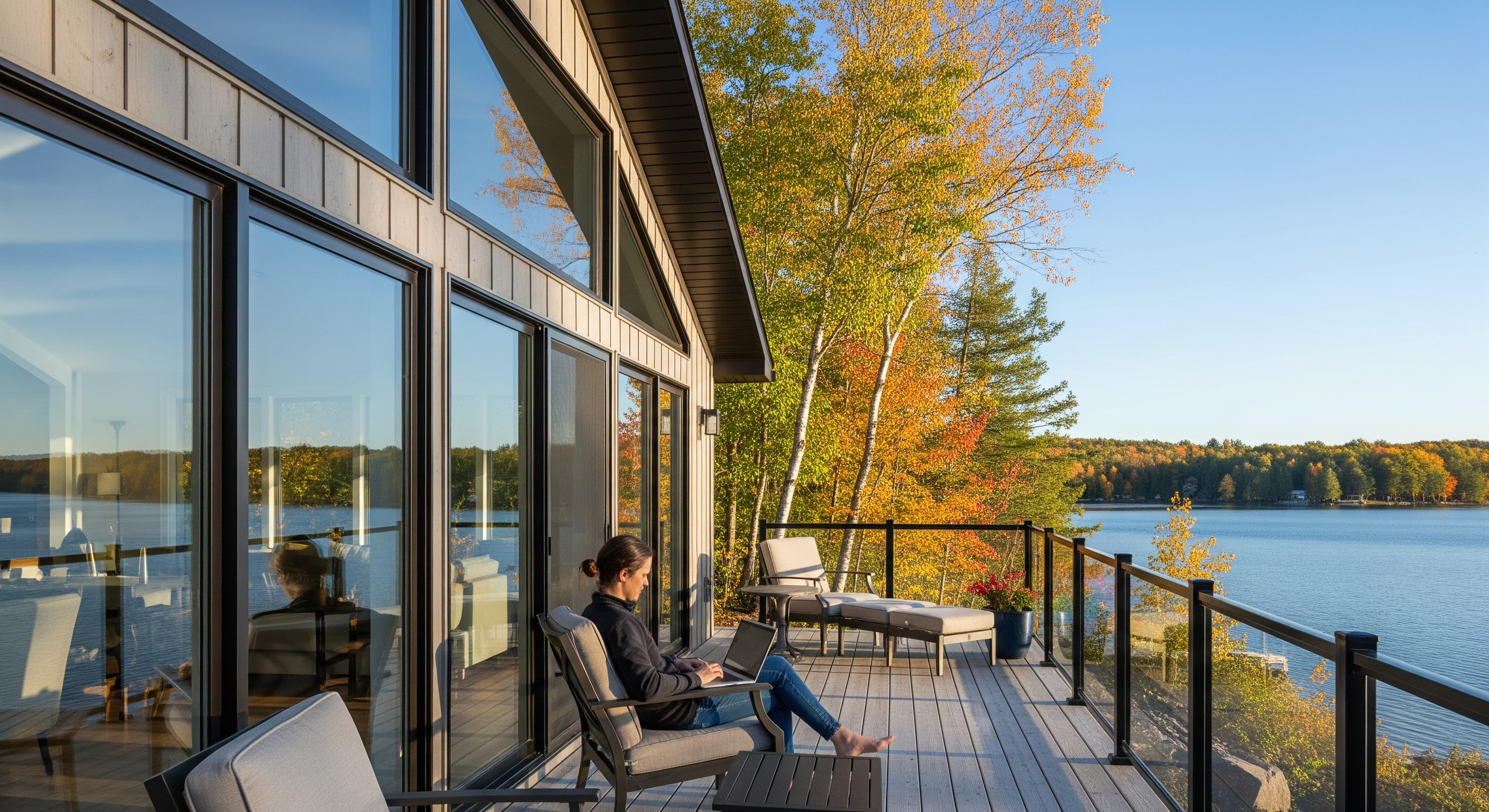 A person working on a laptop from the deck of a four-season cottage, representing the trend of GTA buyers embracing year-round cottage life with hybrid work.