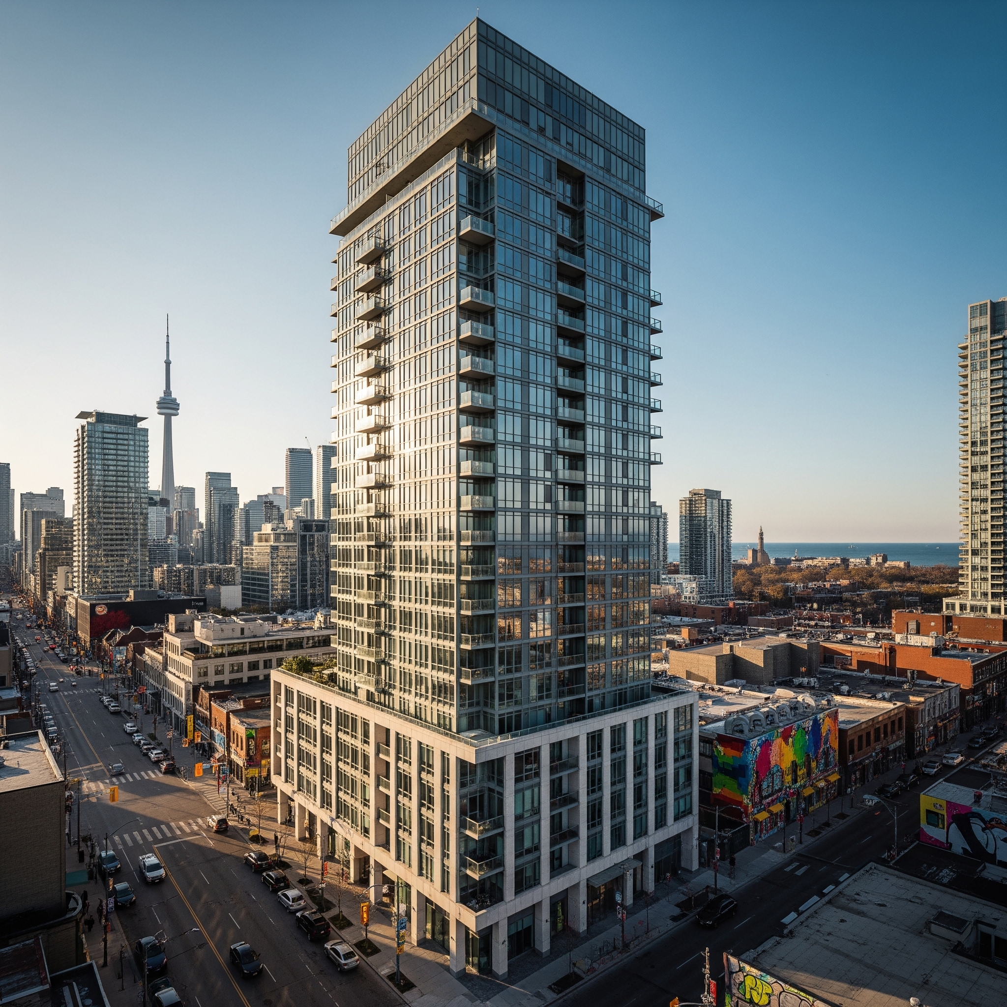 A modern condo building in Toronto, illustrating the topic of condo fees and ownership in the city.