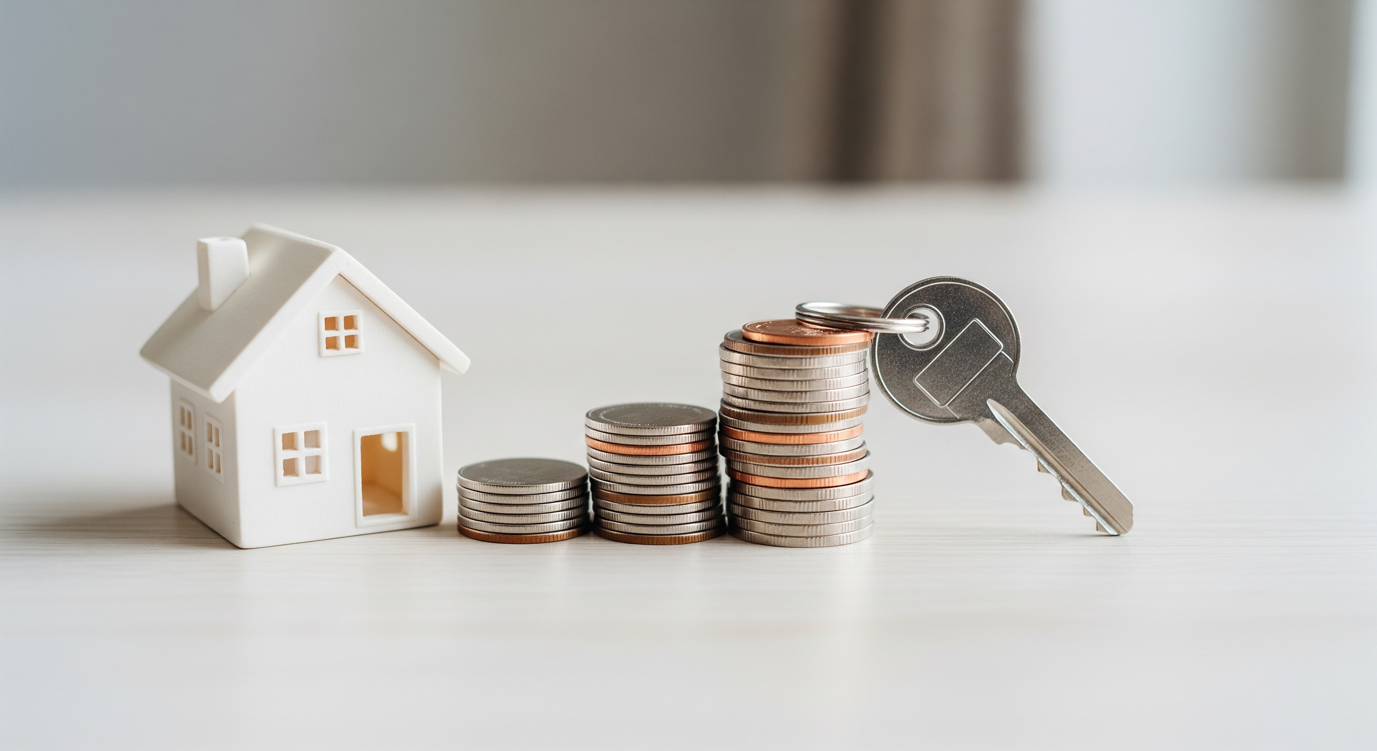A conceptual image of home closing costs, showing a model house, stacks of coins representing expenses, and a key to the new property.