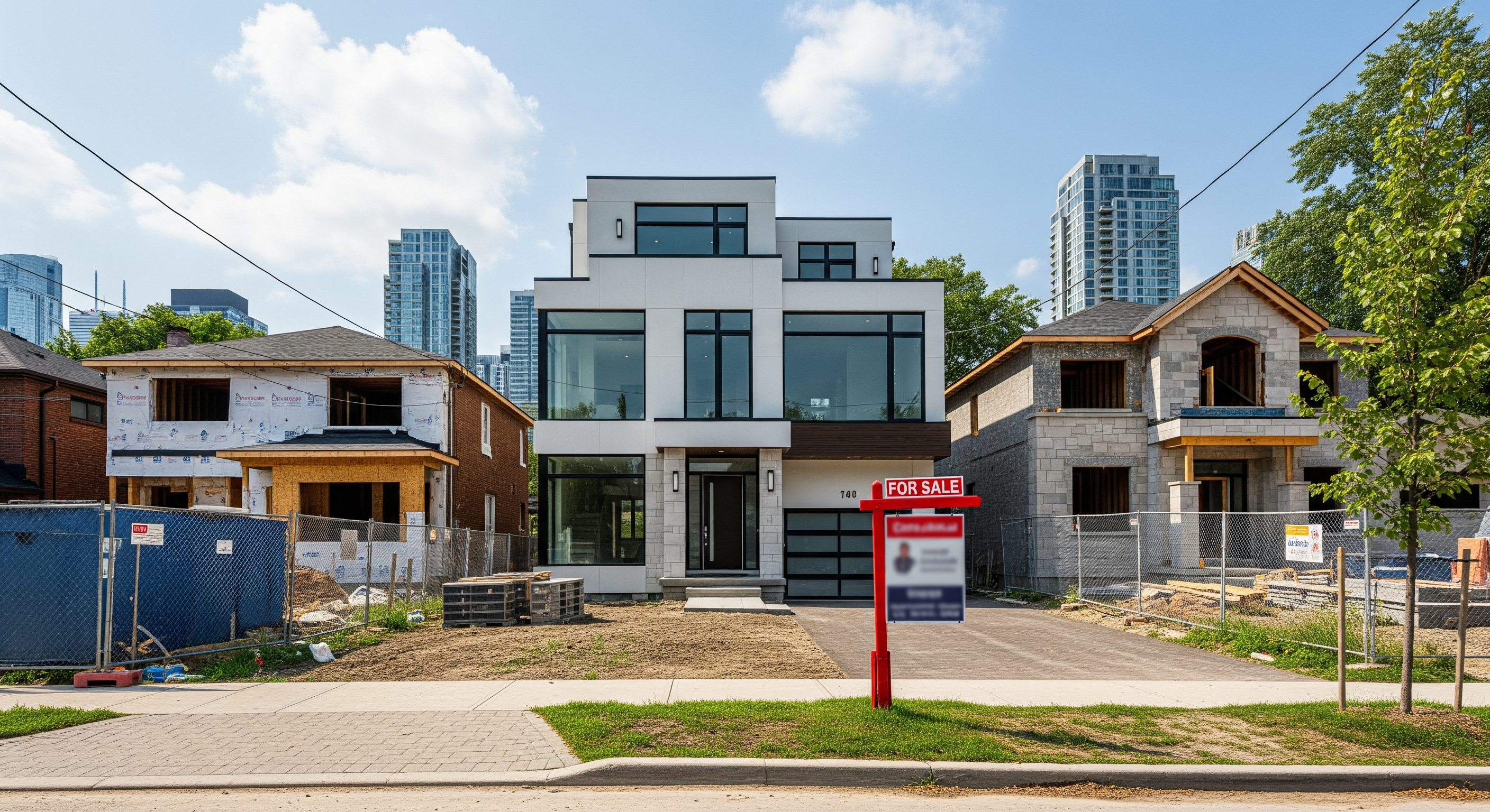 A modern new construction home for sale in Toronto, illustrating the pros and cons of buying a new build, with the neighbourhood still under construction in the background.