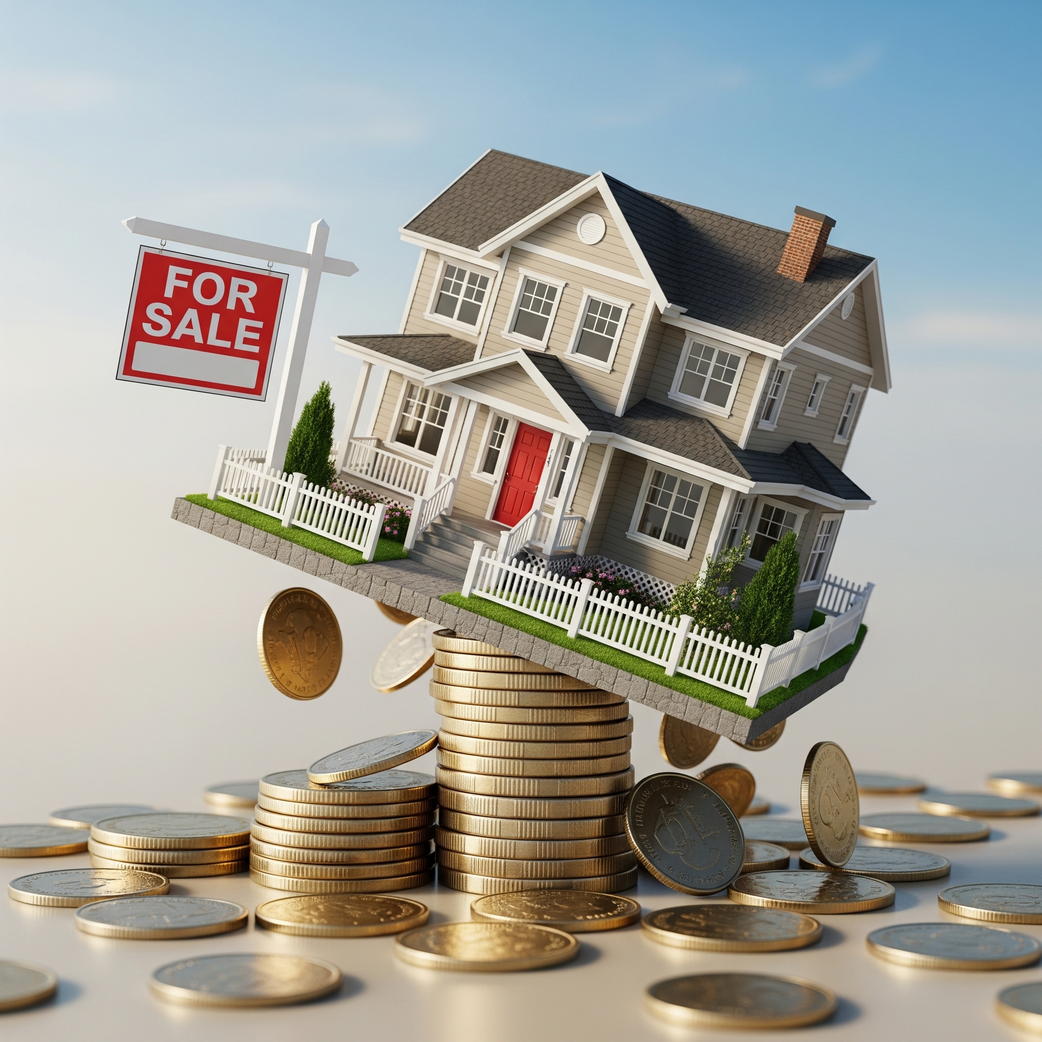 A house for sale teeters on a crumbling stack of coins, symbolizing the financial value lost when a home is overpriced.