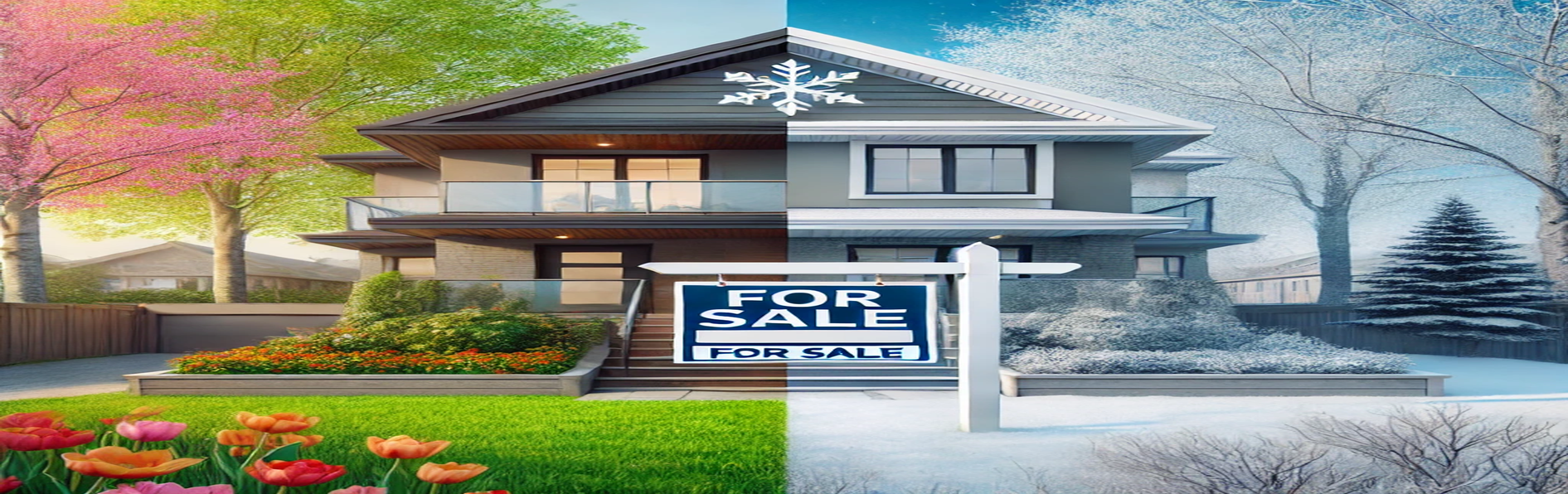 A modern house for sale in the Greater Toronto Area with a "For Sale" sign in the front yard. The background transitions between winter with snow-covered trees and spring with blooming flowers, visually representing the best times to sell a property in the GTA.