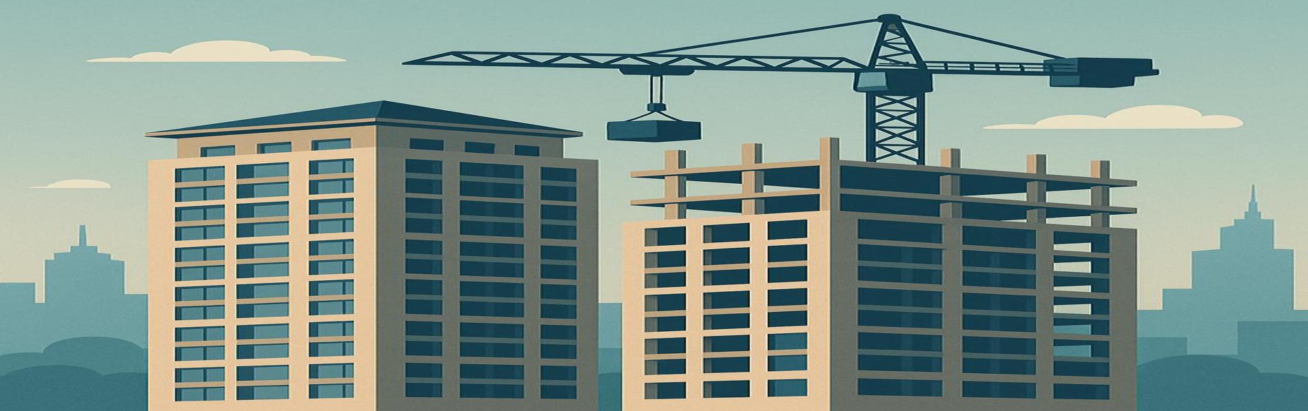 Illustration of two modern high-rise condo buildings under construction, with one structure partially built and a tall crane lifting materials beside it, set against a city skyline and blue sky with scattered clouds.