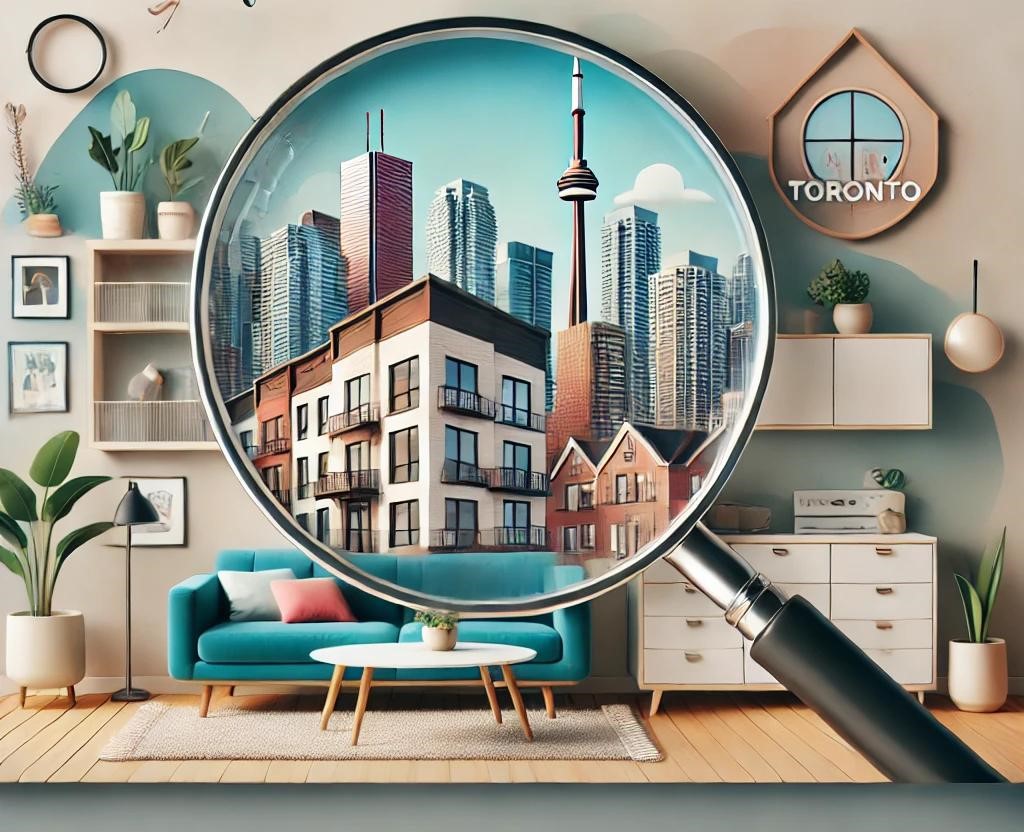 A modern and inviting image showcasing Toronto's skyline through a magnifying glass, with a cosy apartment interior in the foreground. The composition features a turquoise sofa, a white coffee table, houseplants, and wooden elements, creating a warm and welcoming atmosphere. The magnifying glass emphasizes the search for homes, with details of urban condos and the CN Tower in focus. Perfect for representing Toronto's rental market and leasing opportunities.