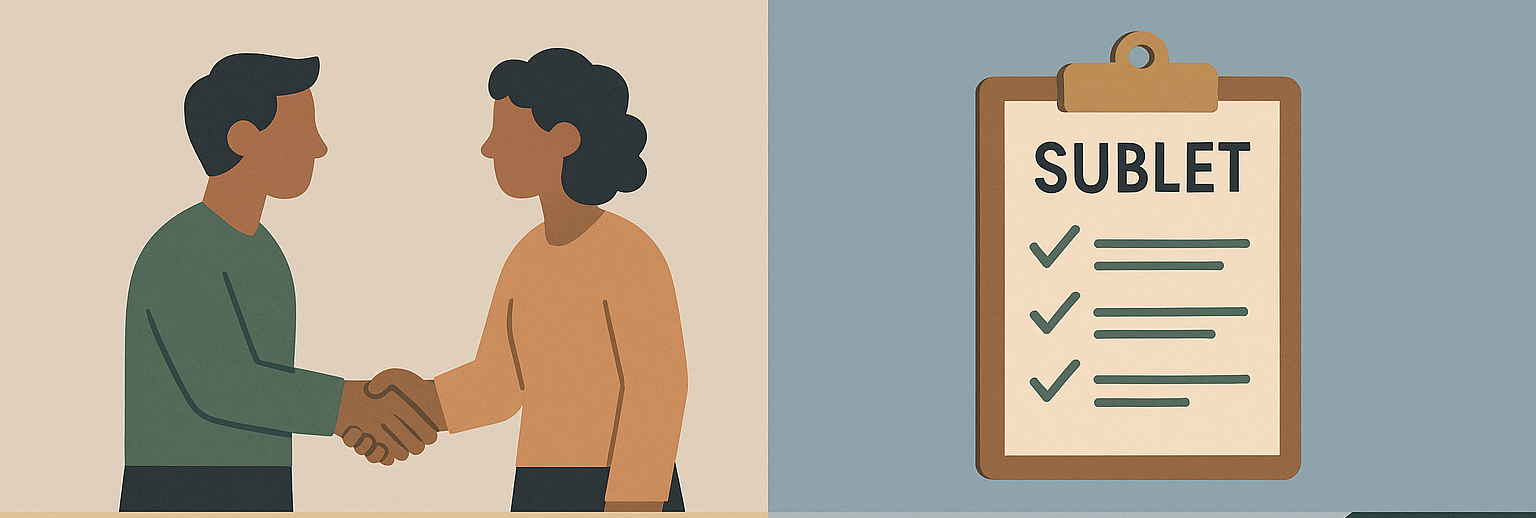 Illustration symbolizing subletting in Ontario, showing four panels: a handshake between two people, a clipboard labeled “Sublet,” a crossed-out house icon, and a hand exchanging a rent agreement.