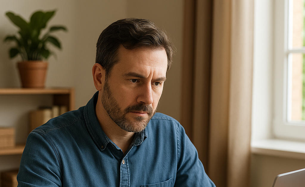 A landlord sitting at a wooden desk with a laptop and coffee mug in a bright home office lit by natural daylight.