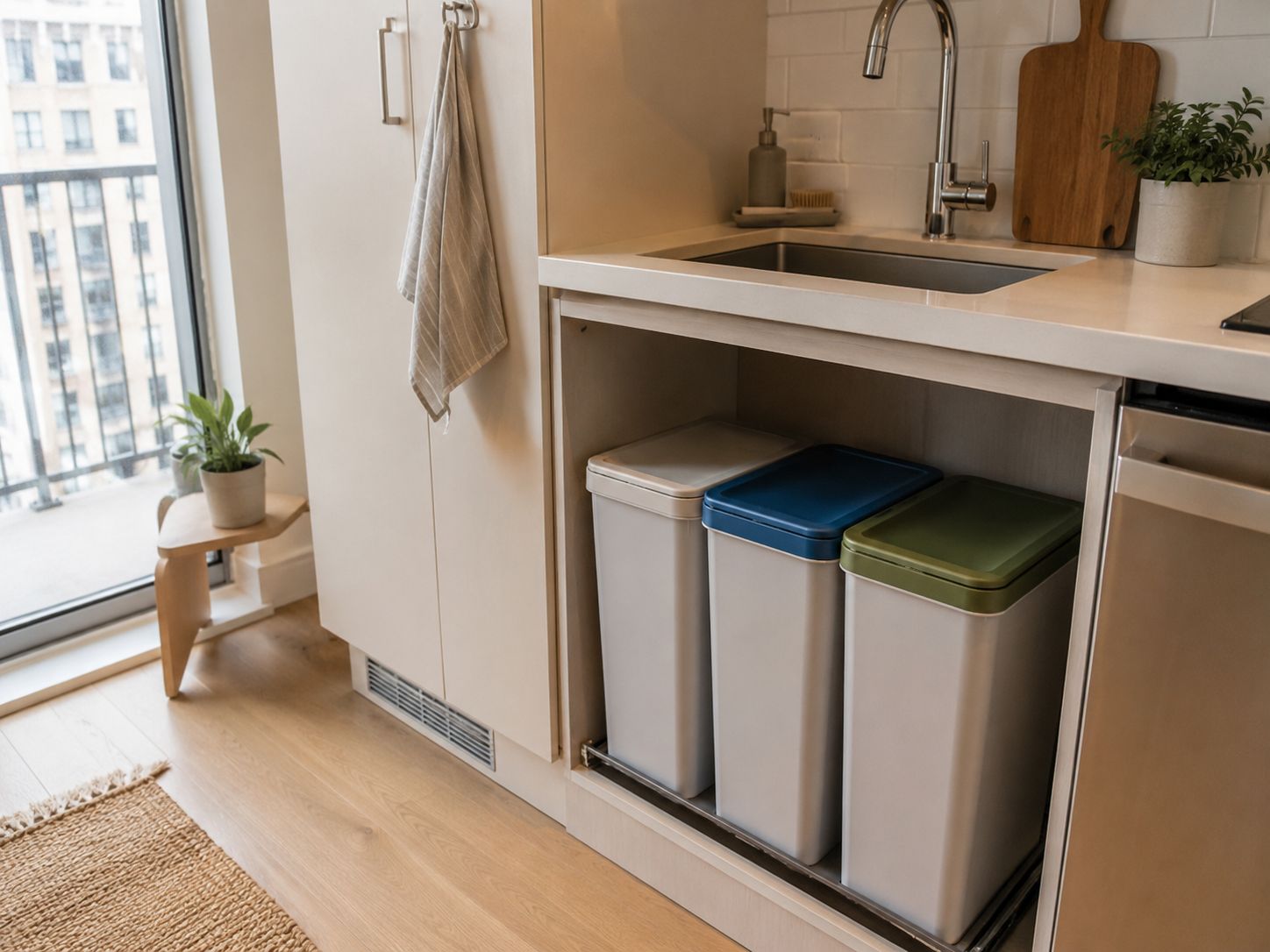 Compact rental kitchen with slim waste, recycling, and organics bins tucked neatly under the counter.