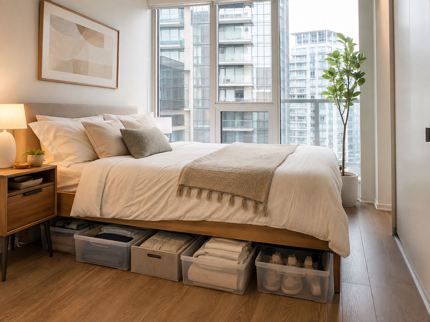 Small GTA apartment bedroom with clear storage bins neatly organized under the bed.