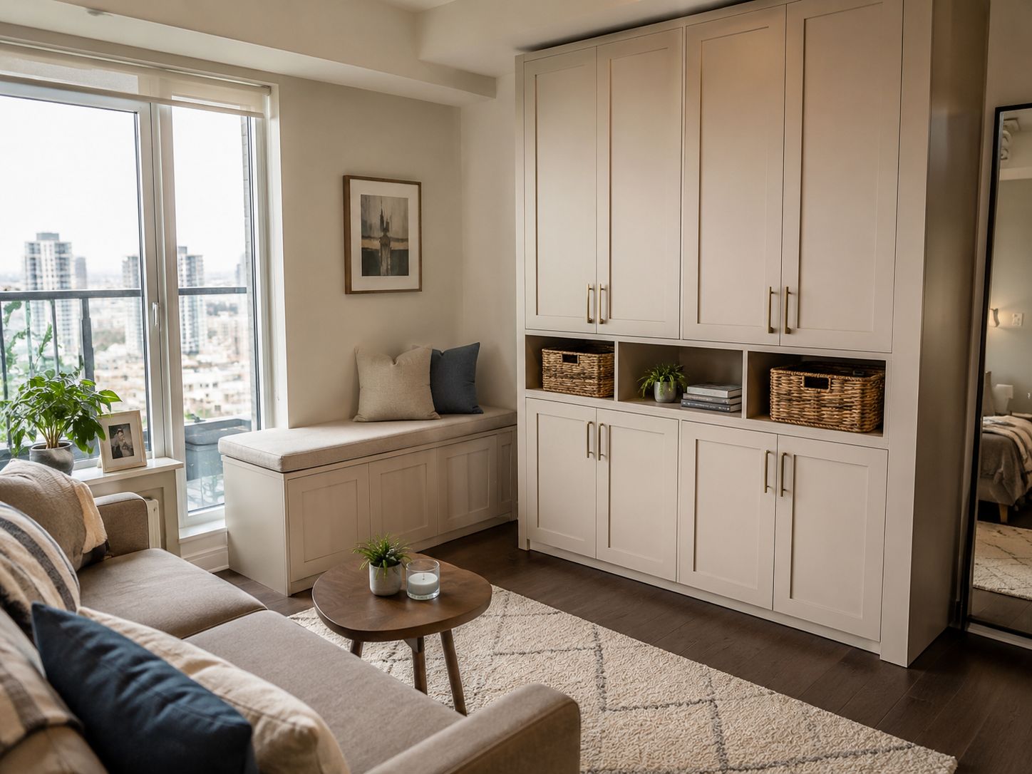 Small apartment living room with tall shelving units, baskets, books, and plants for vertical storage.