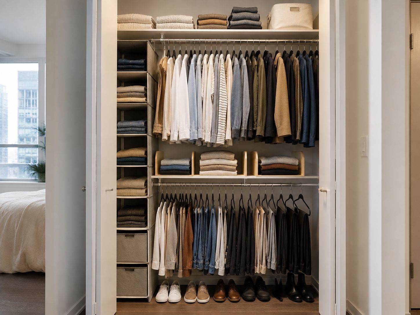 Organized apartment closet with double hanging rods, slim hangers, shelves, drawers, and shoes.