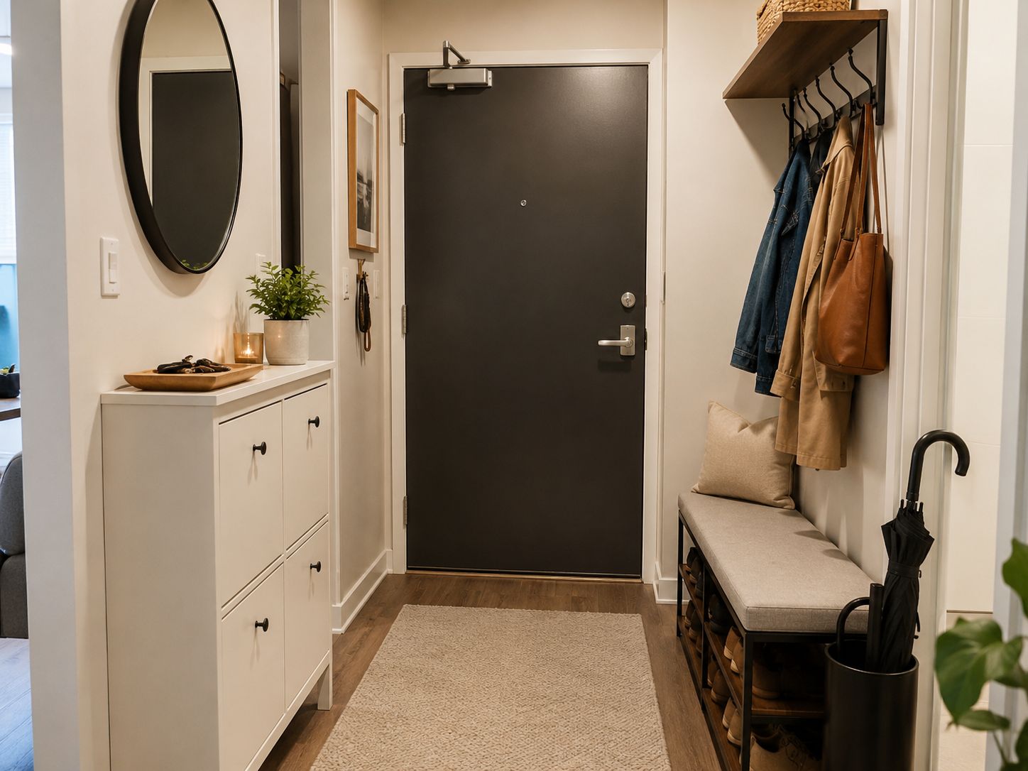 Small rental apartment entryway with a shoe cabinet, storage bench, coat hooks, and umbrella stand.