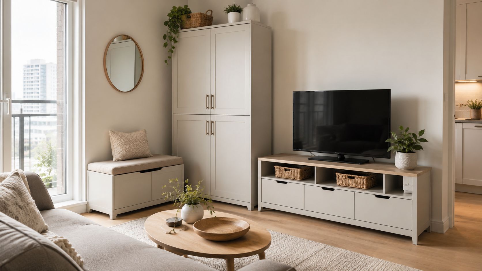 Small GTA apartment living room with closed storage cabinets, a storage bench, TV stand drawers, and baskets to reduce visual clutter.