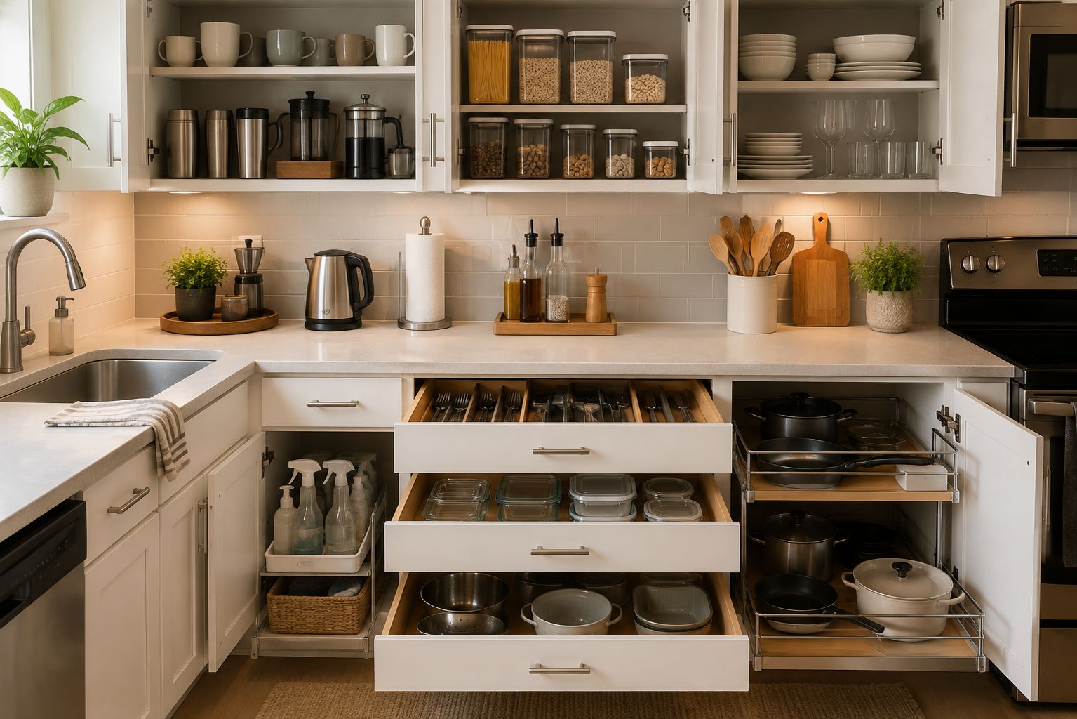 Small apartment kitchen with organized cabinet zones for mugs, pantry jars, dishes, cookware, cleaning supplies, and food containers.