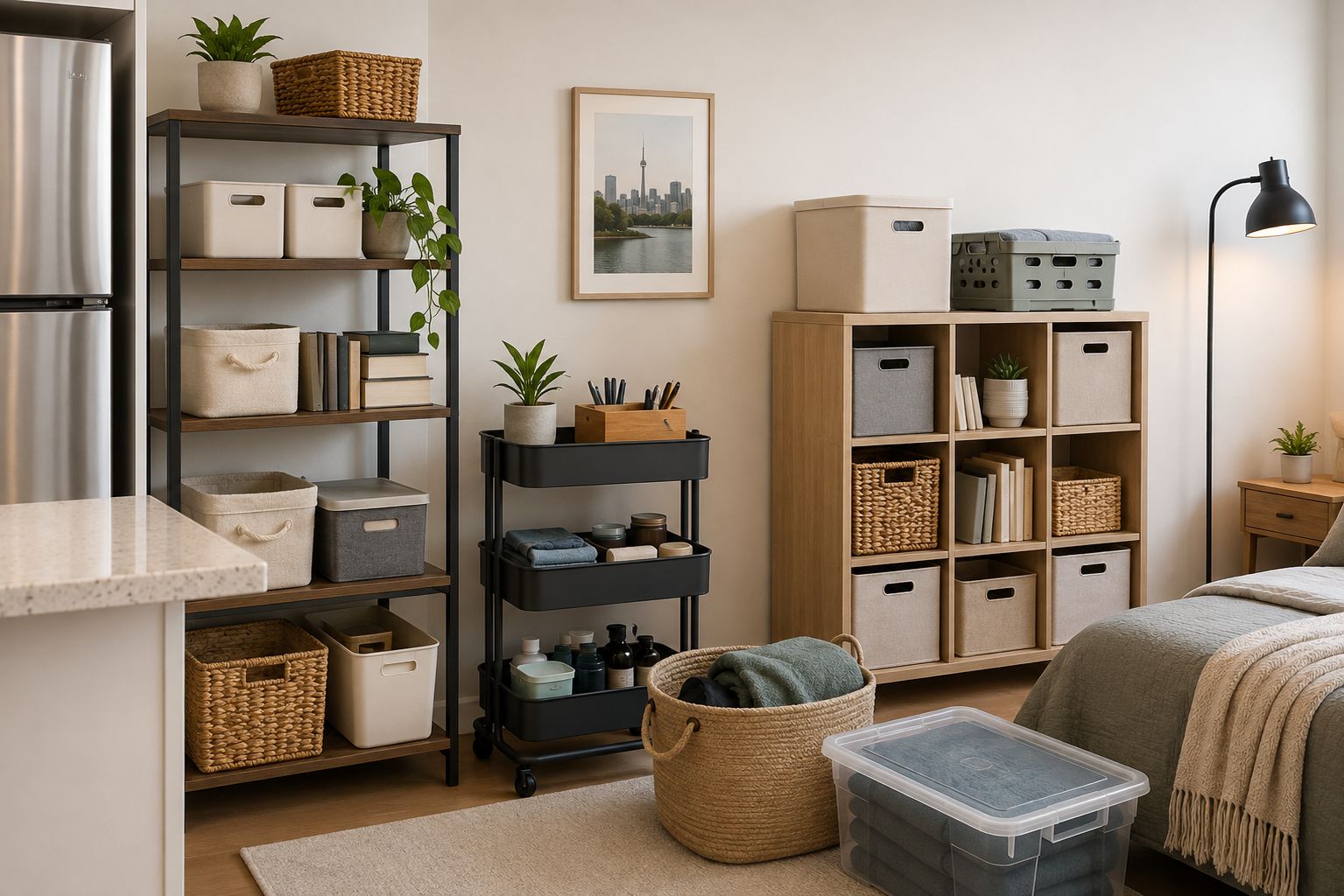Small GTA studio rental with freestanding shelves, a rolling cart, cube storage, baskets, and portable bins for move-out-friendly organization.