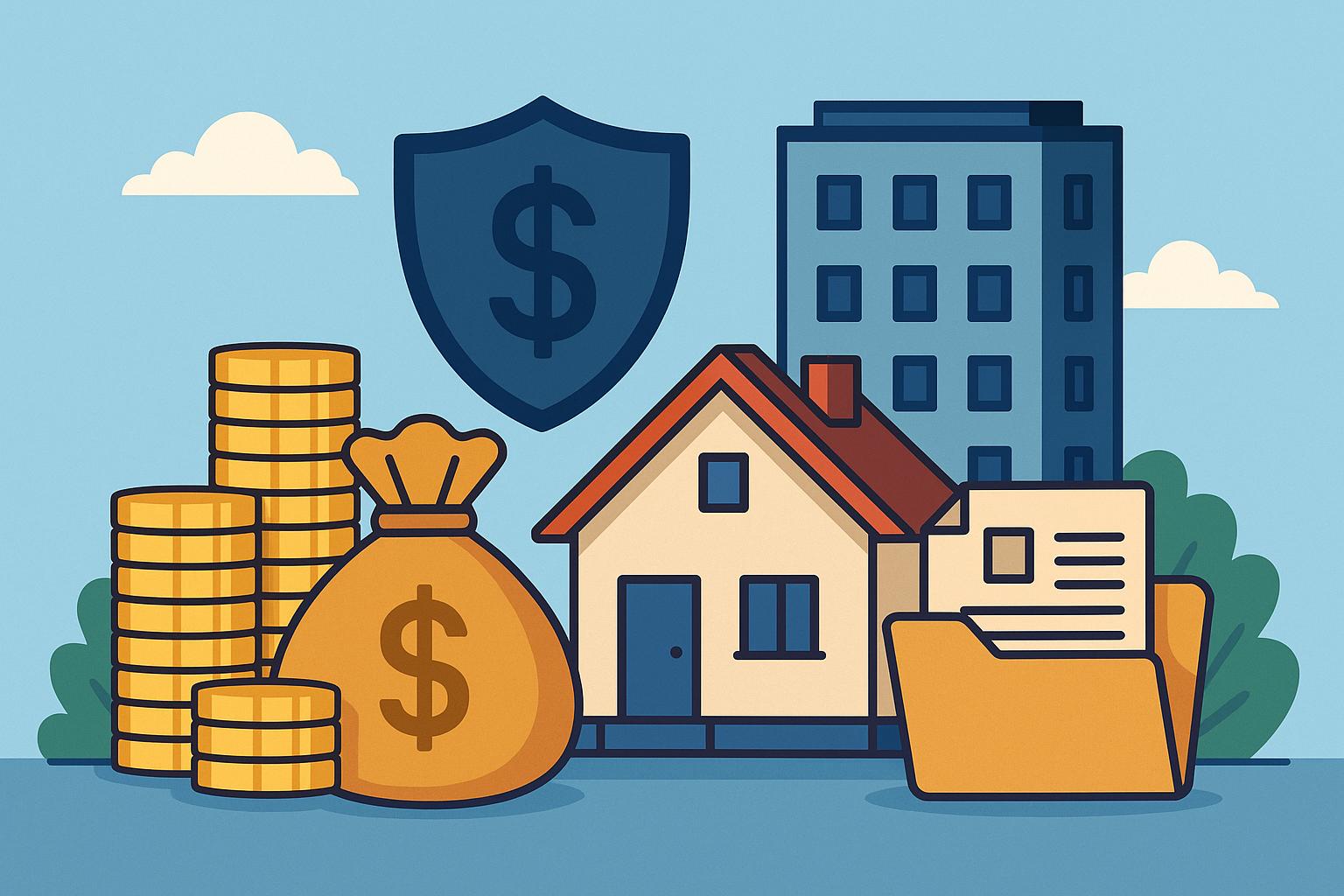 Illustration of a house and condo building surrounded by stacks of coins, a money bag, a shield with a dollar sign, and a folder, symbolizing real estate and financing.