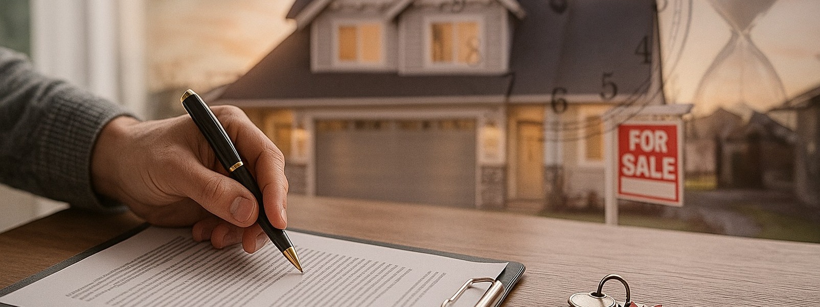 Hand about to sign a real estate agreement with a house and For Sale sign in the background, symbolising timing, contracts, and seller obligations.