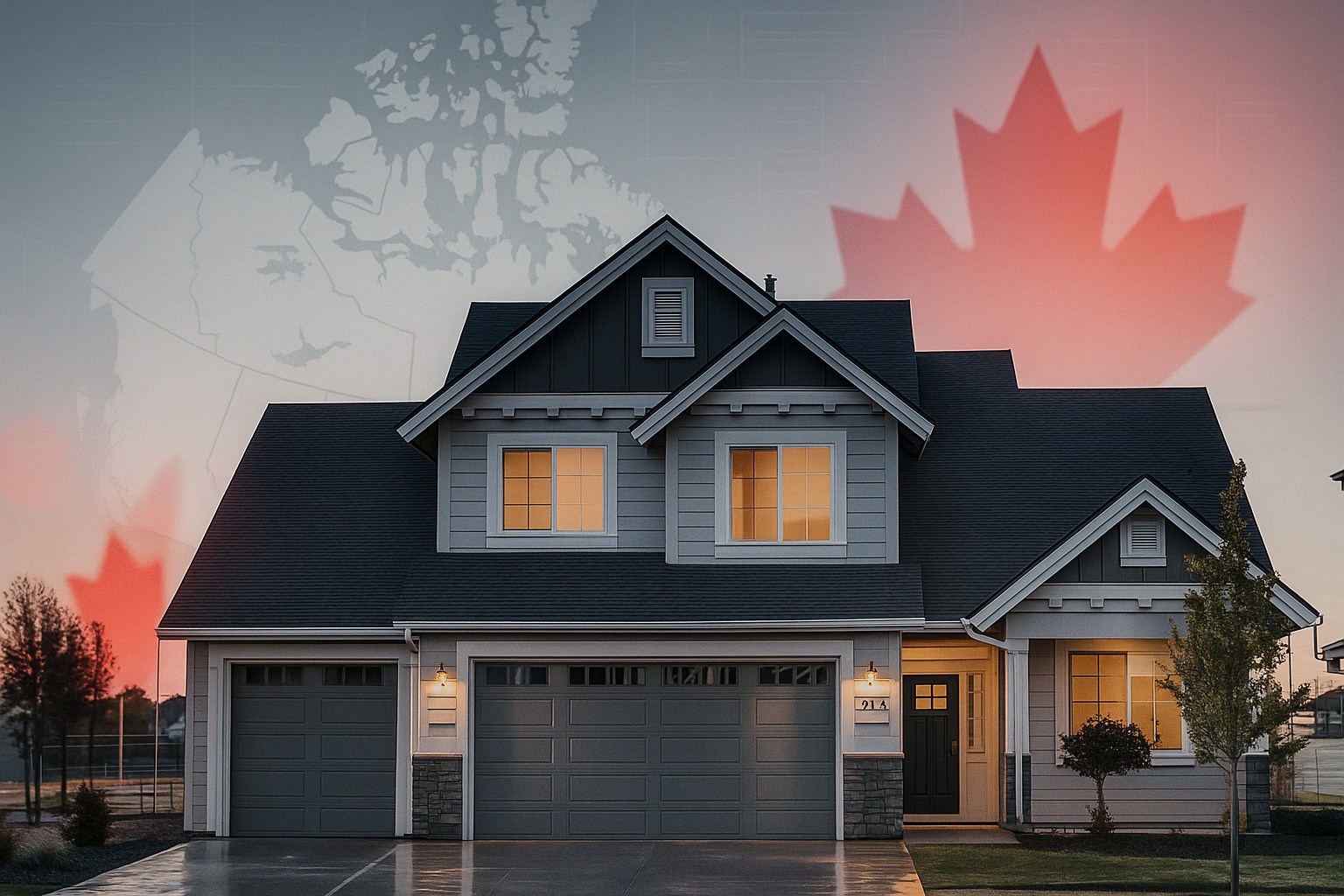 Two-storey Canadian house at dusk with a maple leaf and faint Canada map in the background, symbolising the foreign buyers ban, amendments, and exceptions.