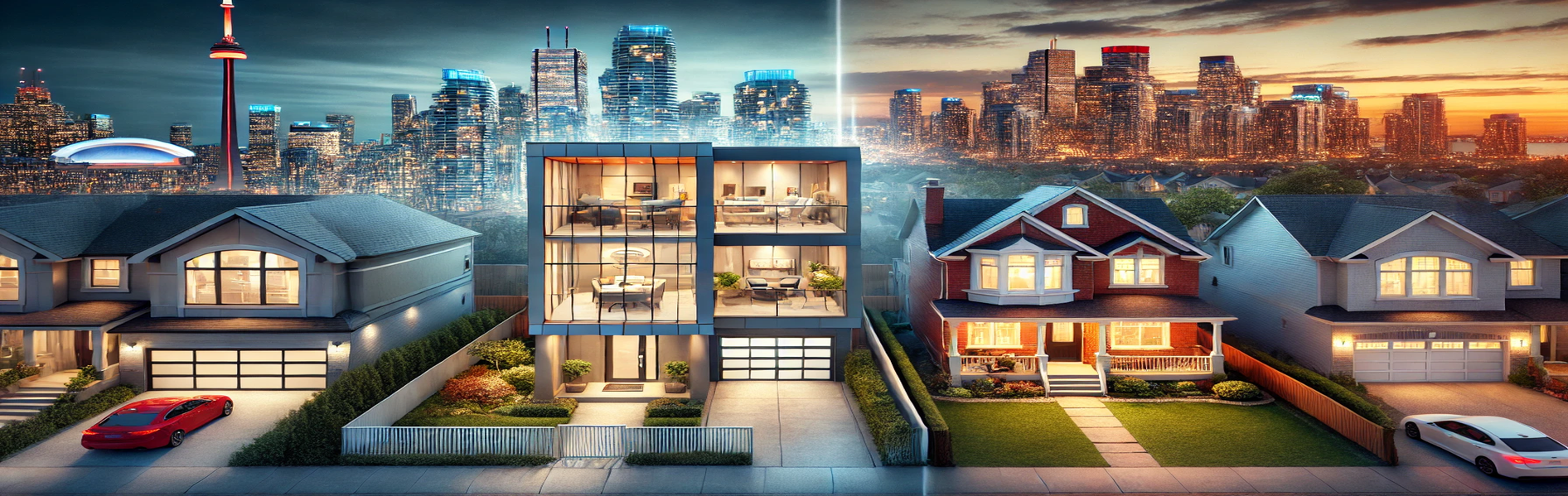 Side-by-side comparison of a modern high-rise condo with city lights and a suburban detached house with a front yard, illustrating the choice between condo and house living in the Greater Toronto Area.