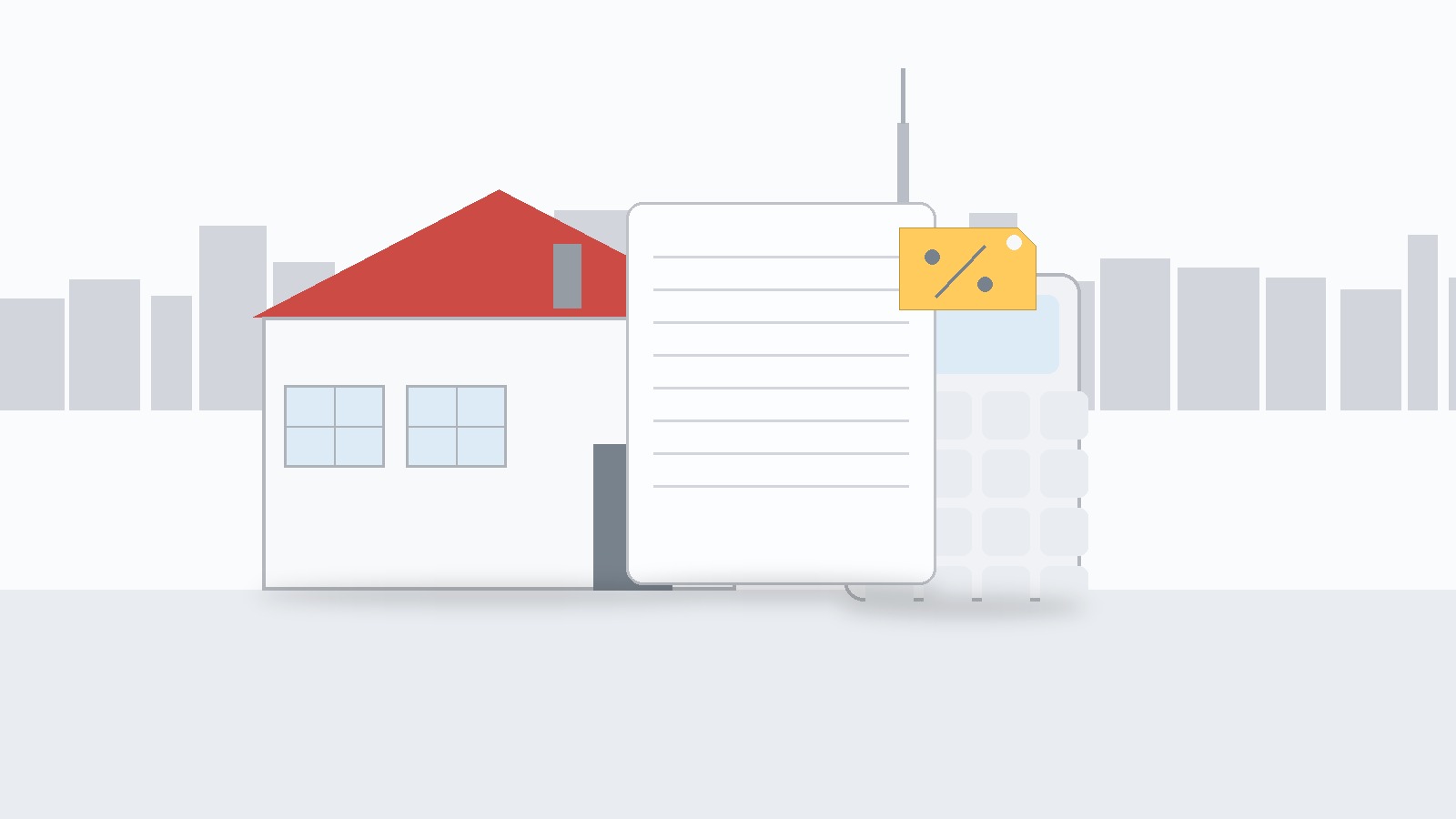 Toronto home illustration with a calculator, contract, and price tag in front of the skyline, representing seller costs, commissions, legal fees, HST, and mortgage penalties.