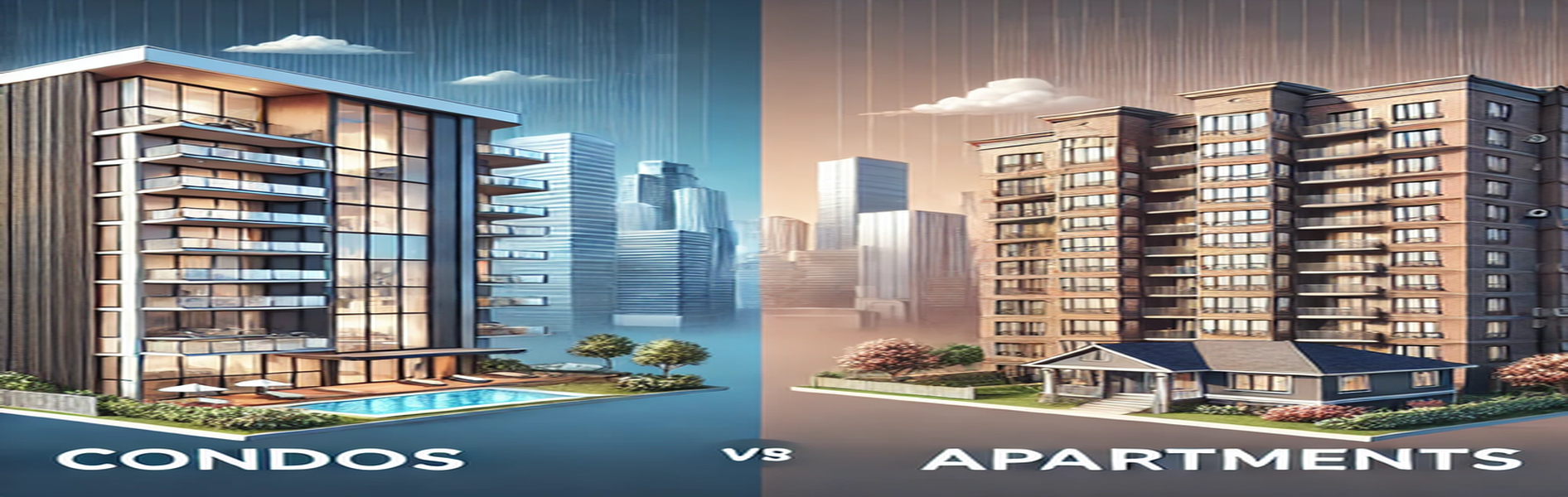 A digital illustration comparing condos and apartments. On the left, a modern high-rise condo with glass windows, balconies, and luxury amenities like a pool. On the right, a traditional apartment building with a brick facade and a community courtyard. The background features a city skyline, visually representing the urban housing contrast.