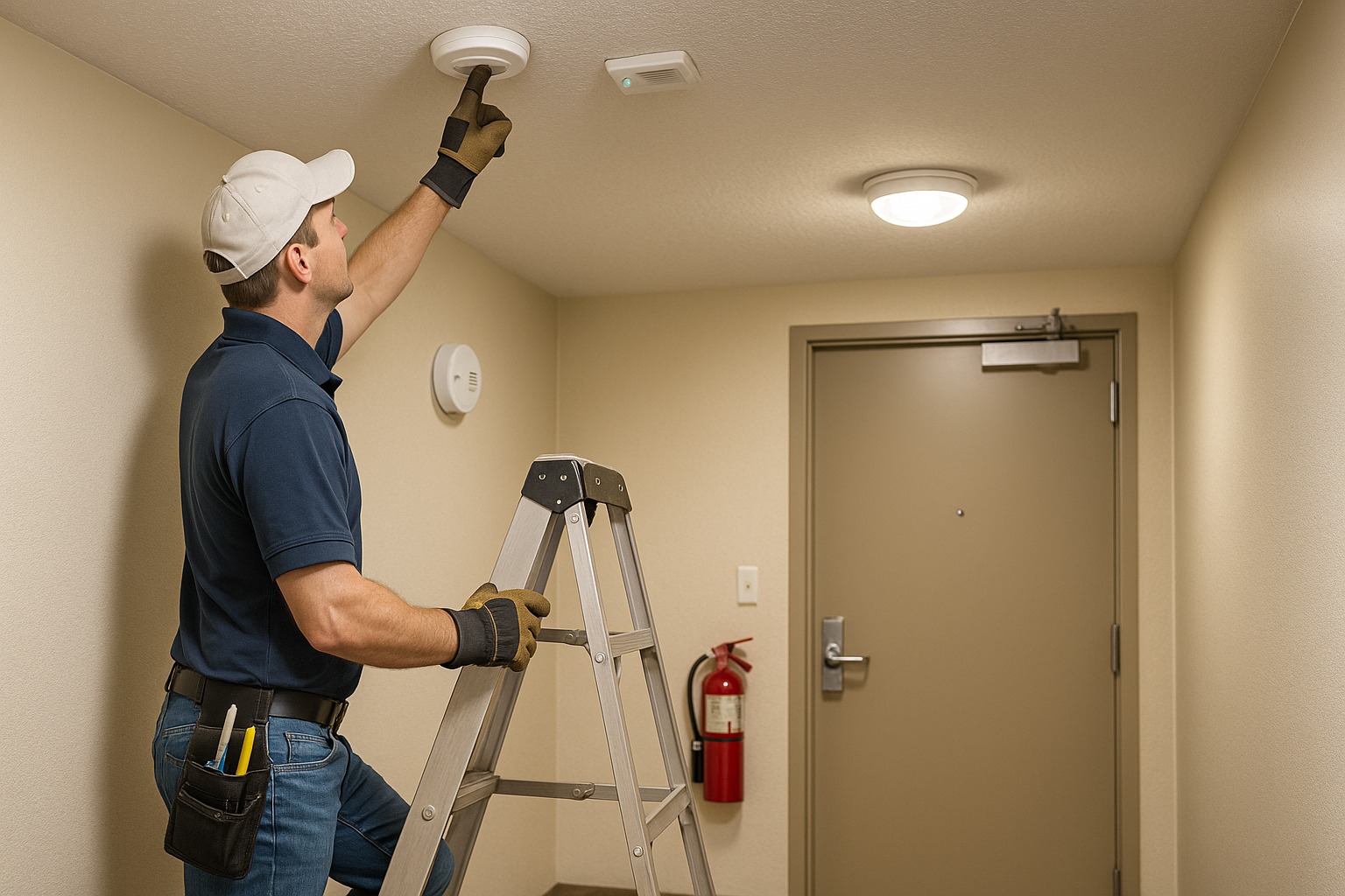Maintenance worker on a ladder testing a ceiling-mounted smoke alarm in an apartment hallway, with a carbon monoxide detector, emergency light, fire extinguisher, and solid fire door visible.