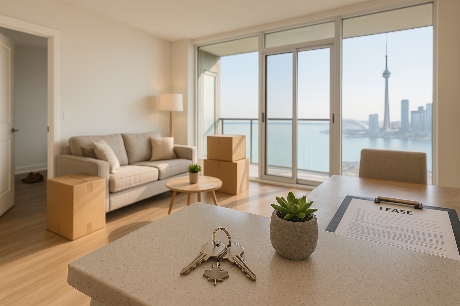 Sunlit Toronto condo living room with CN Tower and lake view, moving boxes by the balcony, a beige sofa, and keys on a quartz counter beside a lease clipboard.