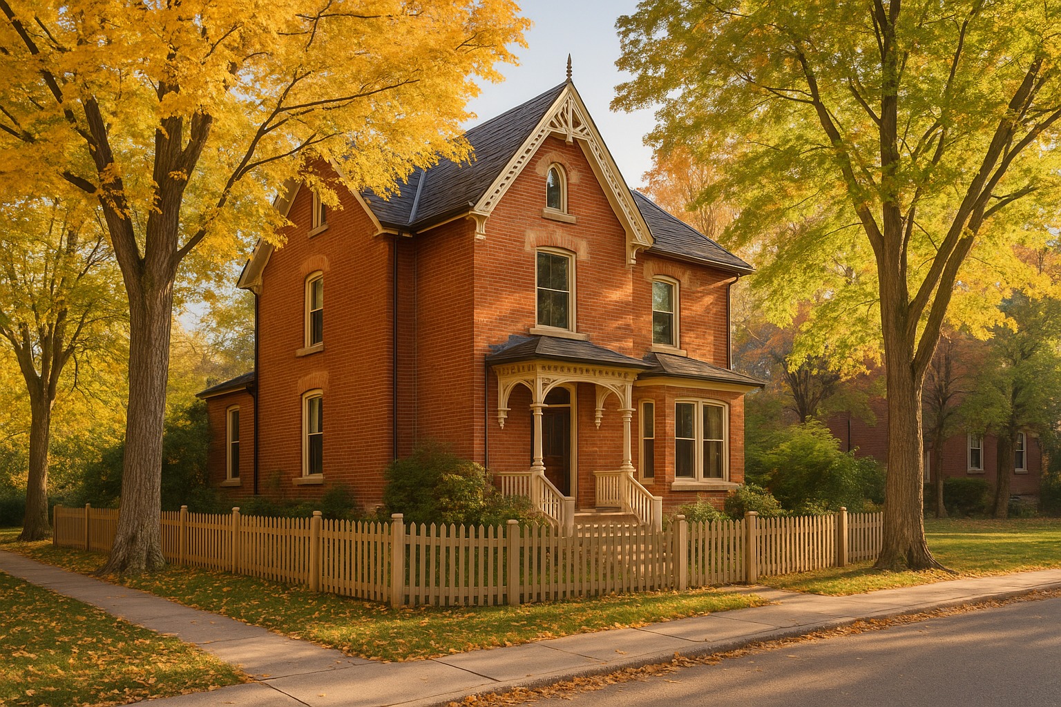 Brick Victorian heritage house on a tree-lined Ontario street in autumn, with a gable roof, bay window, and a picket fence.