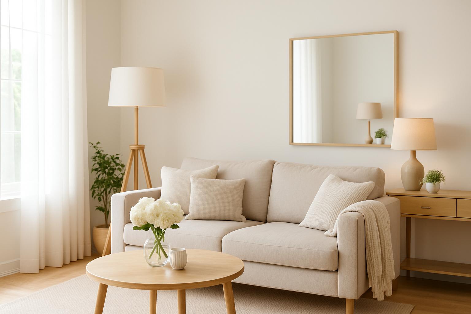 A sunlit living room featuring a beige sofa, wooden furniture, and soft lighting, styled to highlight the importance of lighting in home staging.