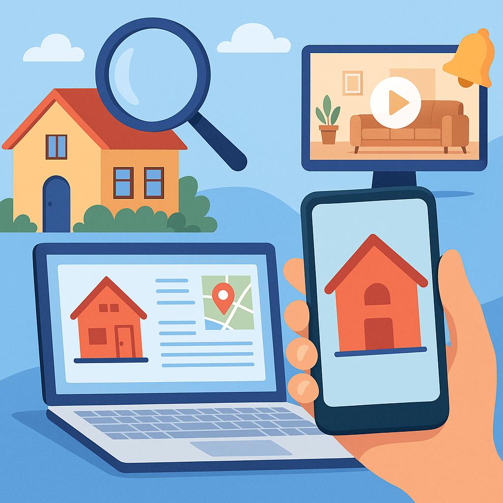 Illustration showing modern house hunting tools, including a smartphone, laptop, magnifying glass, and virtual tour screen, symbolizing tech-driven home searches.