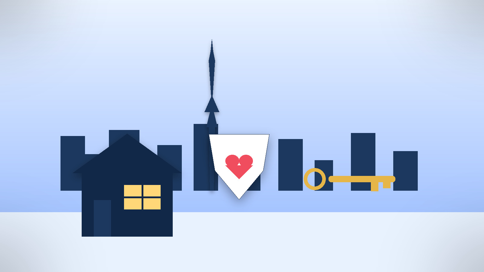 Flat illustration of a house, a shield with a heart symbolising life insurance, and a key in the foreground, with the Toronto skyline and CN Tower in the background, evoking a GTA home down payment.